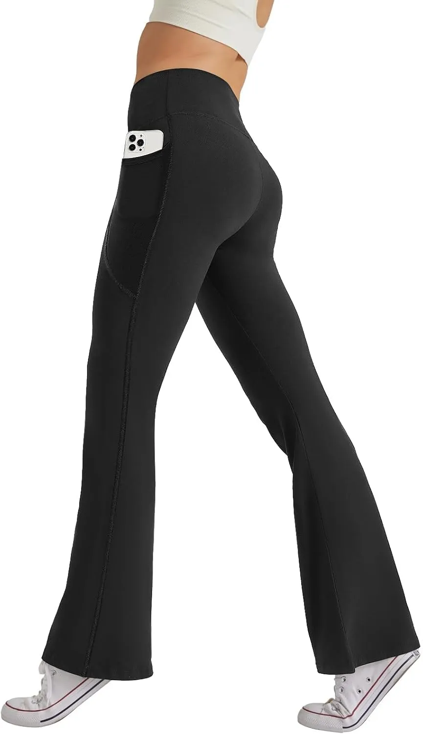 Glacspyg Damen Hose mit Taschen Yogahose Freizeit Jogginghose High Waist Sporthose Elastische Weite Bootcut Jazzpants