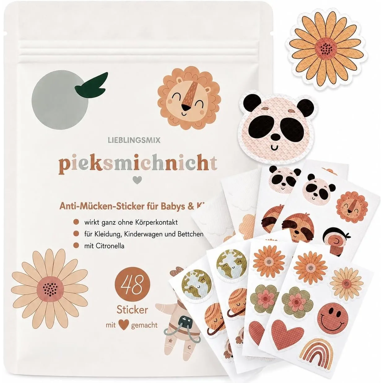 Vorteilspack Anti-Mücken-Aufkleber für Babys und Kinder mit verschiedenen Motiven | mit Citronella-Öl | 48 Stück | Mück…