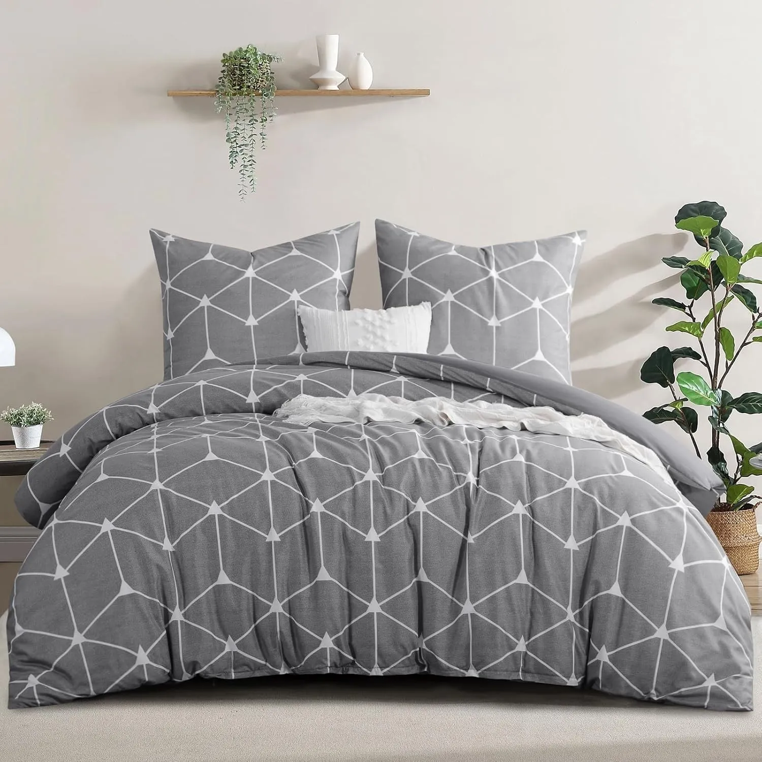 RUIKASI Bettwäsche 200x220 3 teilig Hellgrau - Bettbezug 200 x 220 Set mit Geometrie Muster, Bettwäsche-Set 220x200 aus…