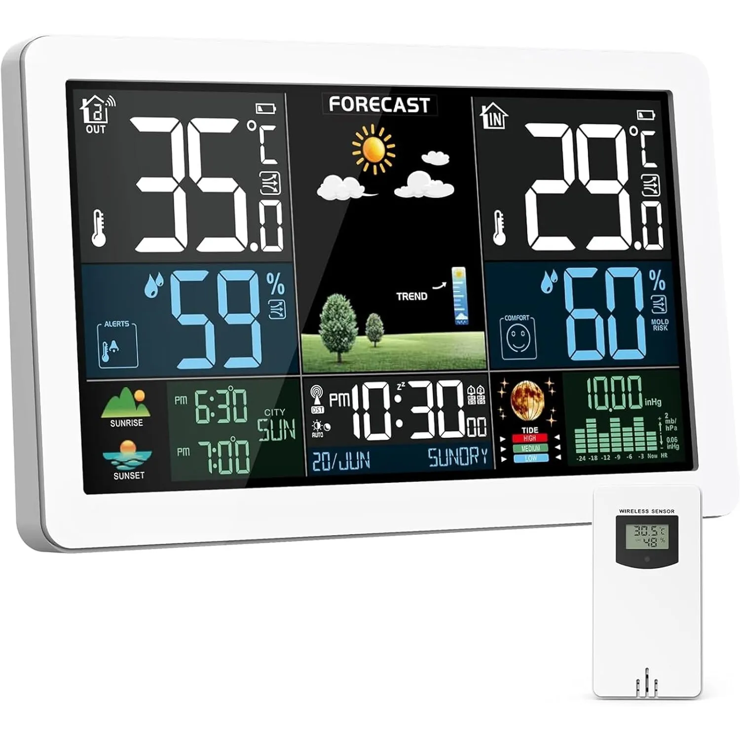 Wetterstation Funk mit Außensensor, Farbdisplay, Wettervorhersage, Temperatur, Luftfeuchtigkeit, Wecker mit Schlummerfu…
