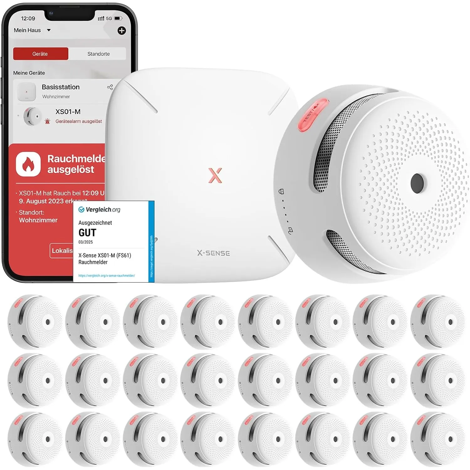 X-Sense Smart Rauchmelder XS01-M mit SBS50 Basisstation, Zertifiziert nach EN 14604, Funkrauchmelder mit WLAN, vernetzb…