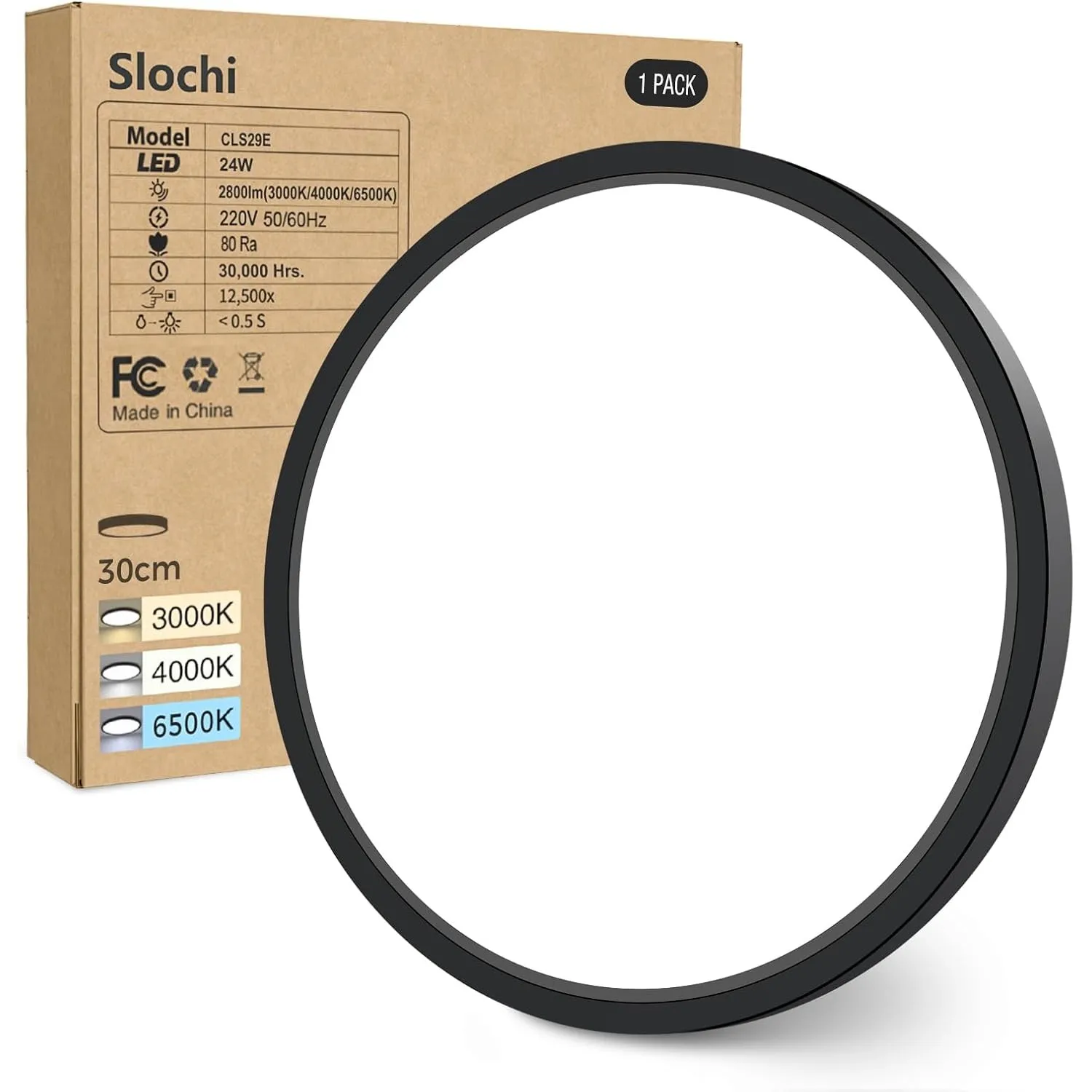 slochi Deckenlampe LED Deckenleuchte Flach, Ø30CM 3Farben 24W Schwarz