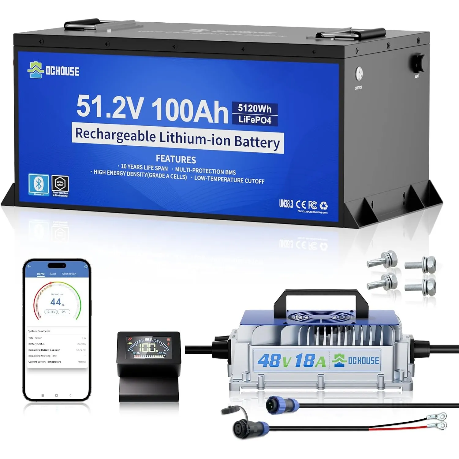 DCHOUSE Metallgehäuse 48V 100Ah Lithium Golfwagen Batterie + 18A Ladegerät