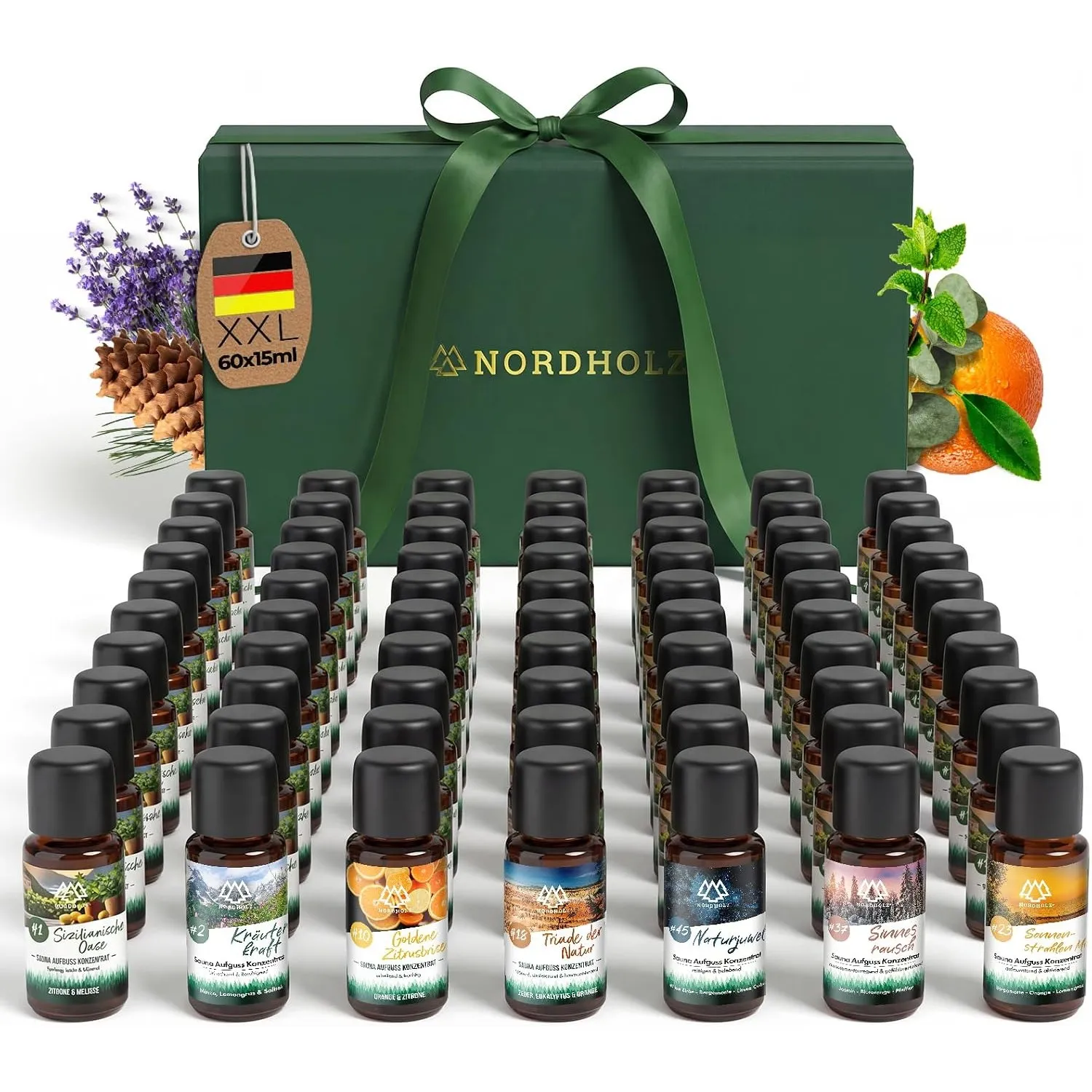 NORDHOLZ® Saunaaufguss XXL Discovery Box 60x15ml [#1 - #60] Sauna Aufgussmittel Probierbox - Sauna Aufguss aus Franken …