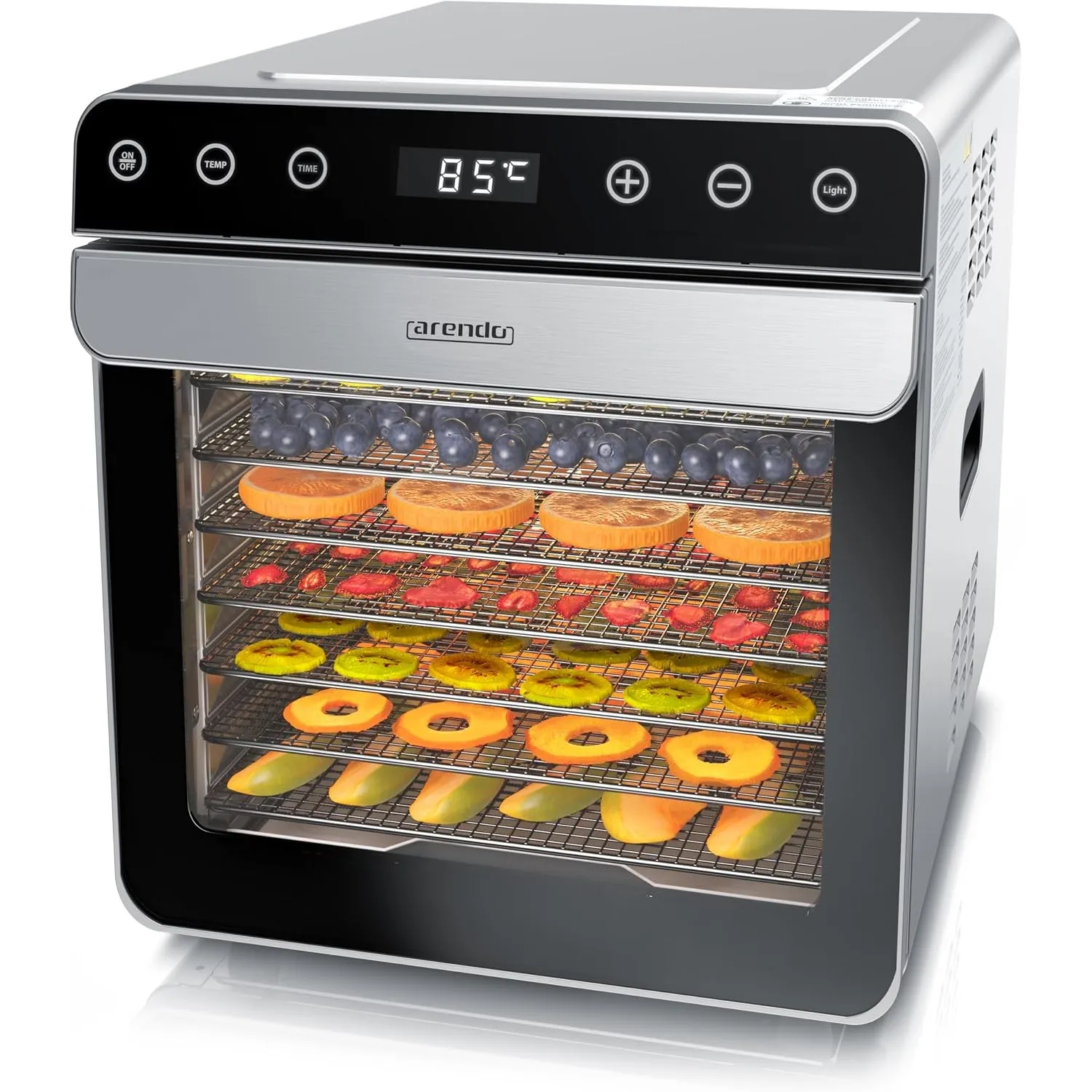 Arendo - Dörrautomat Edelstahl mit 8 Edelstahlgitter - 700 W - 35°-85°C - 8 Edelstahl Einlegetabletts mit insgesamt 670…
