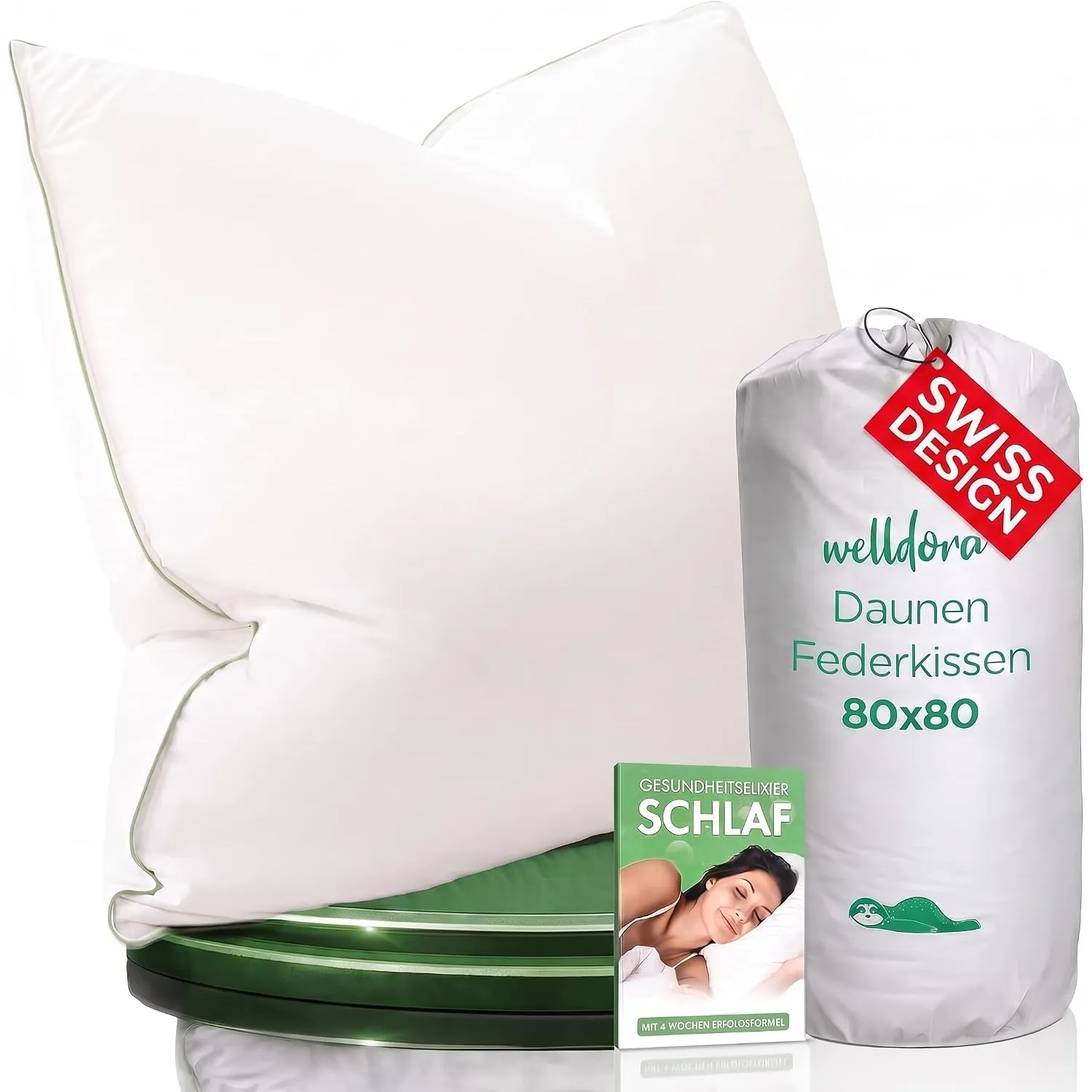 Welldora Kopfkissen 80x80, Premium 3-Kammer, Daunen & Federn, komfortweich