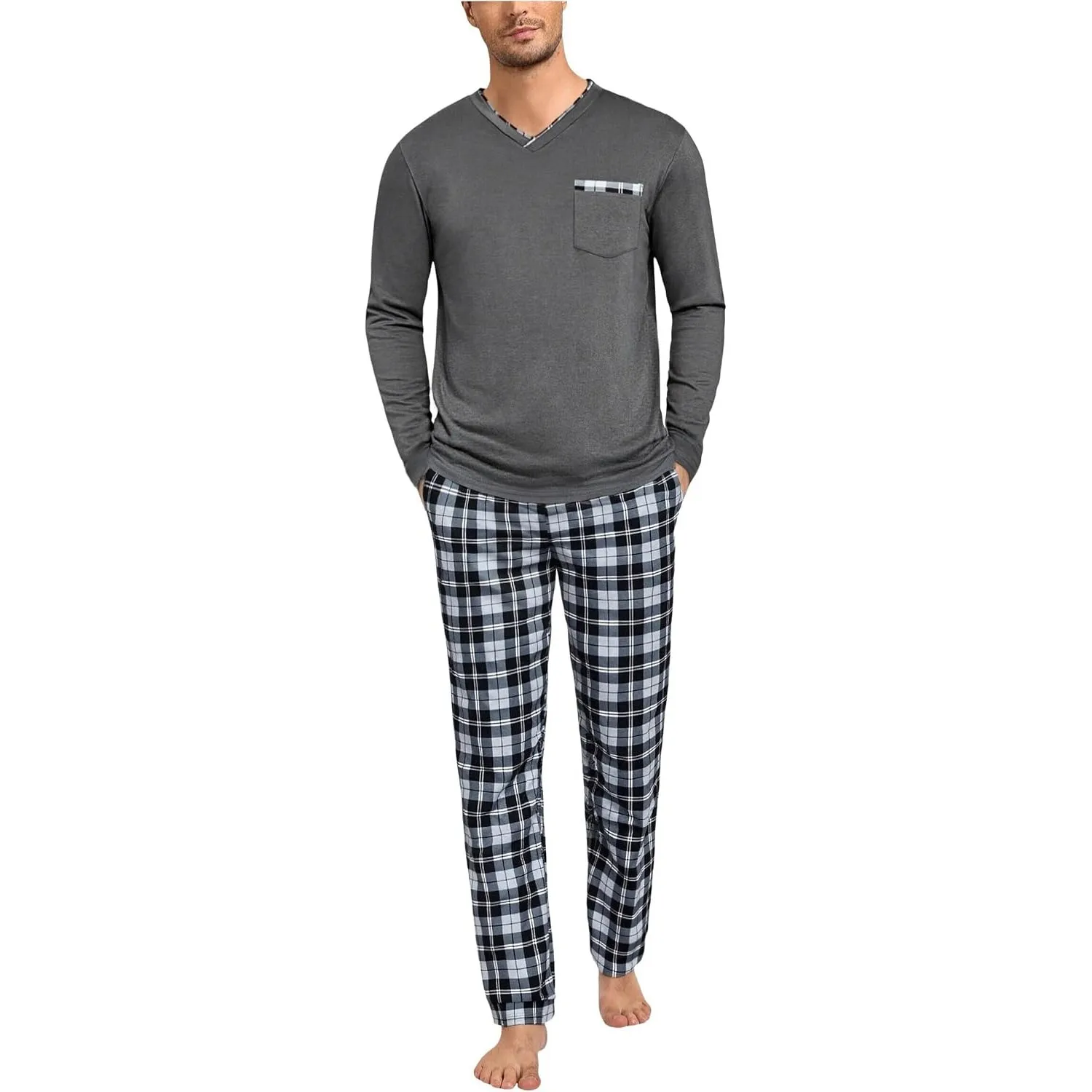 Schlafanzug Herren Lang Baumwolle Karierte Hose