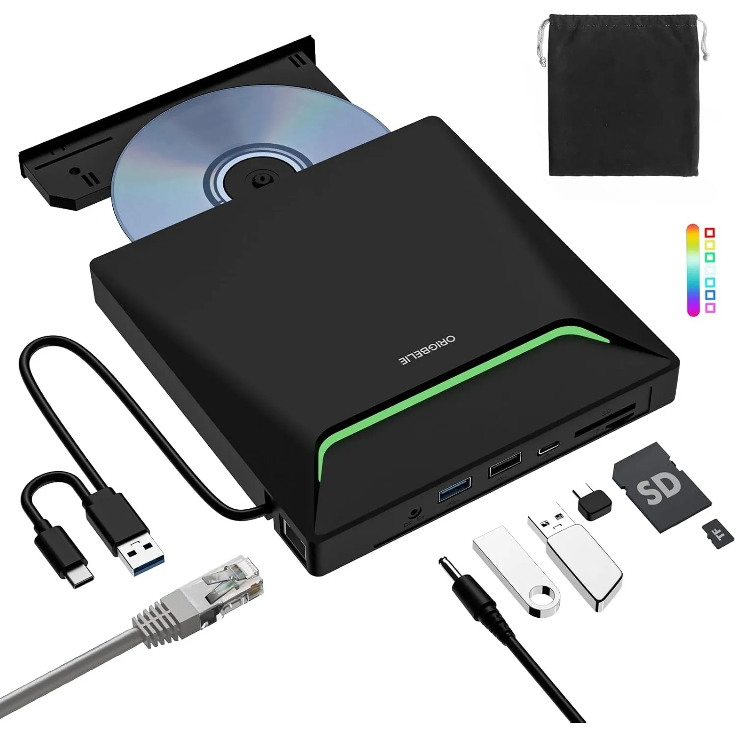ORIGBELIE Neuestes Externes DVD Laufwerk, USB 3.0 Externer DVD Brenner mit RJ45-Ethernet-Adapter, 3 USB- und 2 TF/SD-Ka…