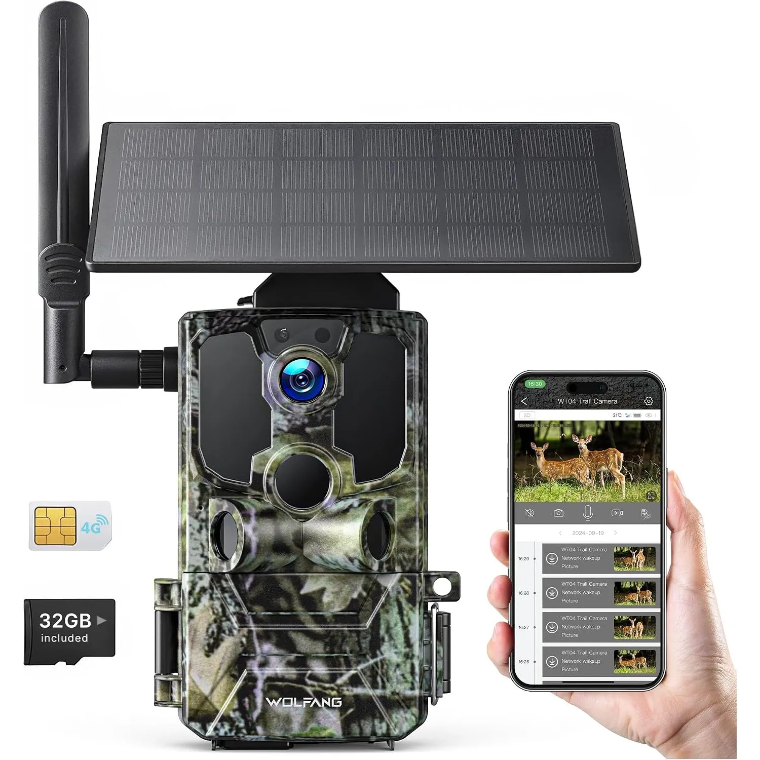 WOLFANG Wildkamera, 2.5K 4G LTE Live Solar Übertragung Wildkamera mit Handyübertragung App, Echtzeitalarm, Super-Infrar…