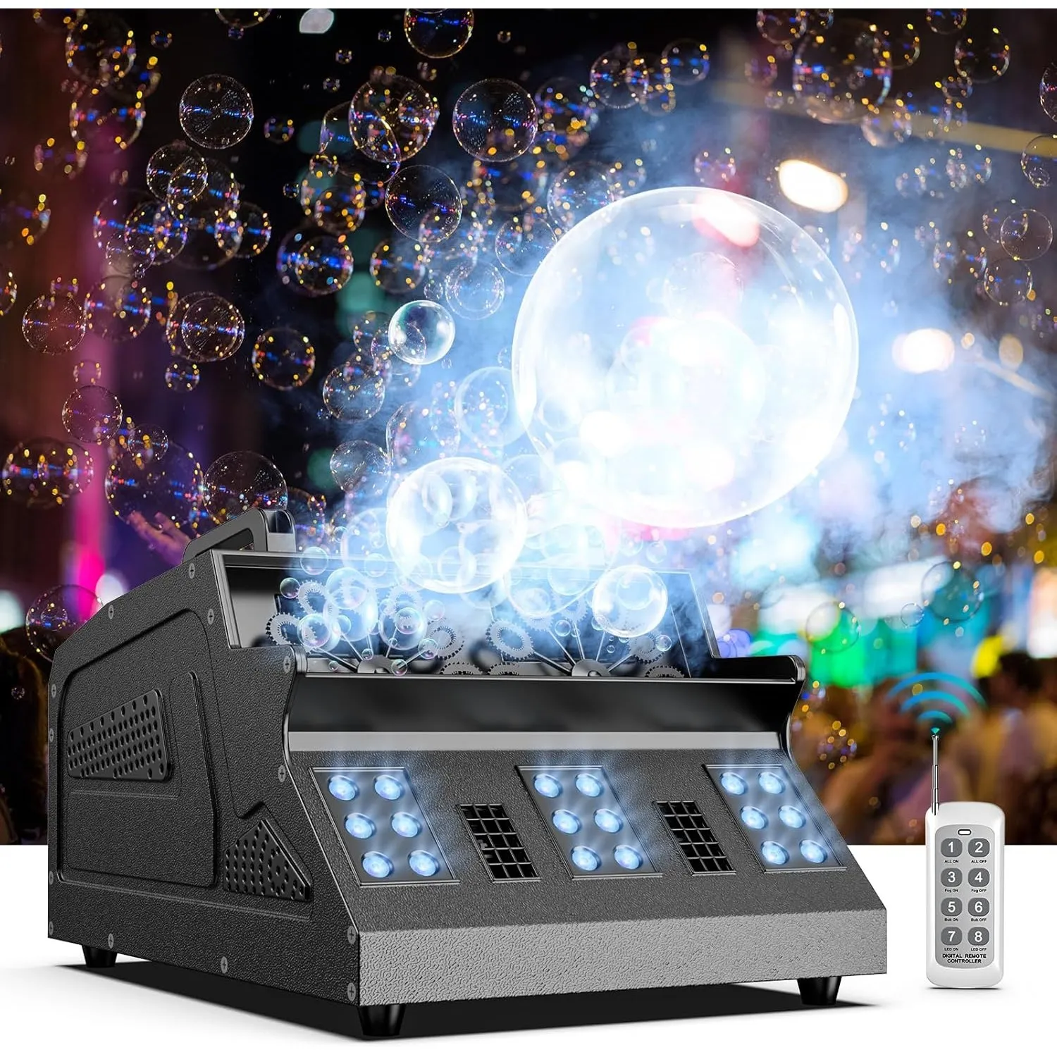 Nebelmaschine mit Blasen, Seifenblasenmaschine 1500W mit 18 RGB 3 in 1 Effekten, Fernbedienung mit DMX-Steuerung, geeig…