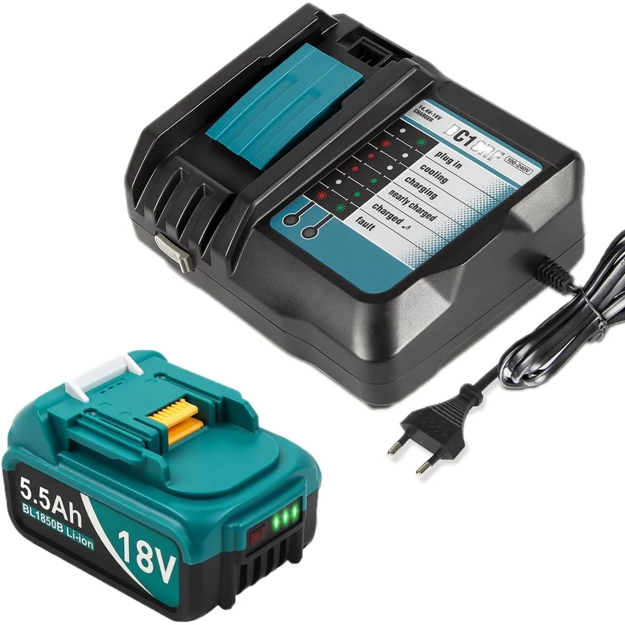 DC18RF Ladegerät mit 5.5Ah/18V Ersatzakku Kompatibel mit Makita LXT400