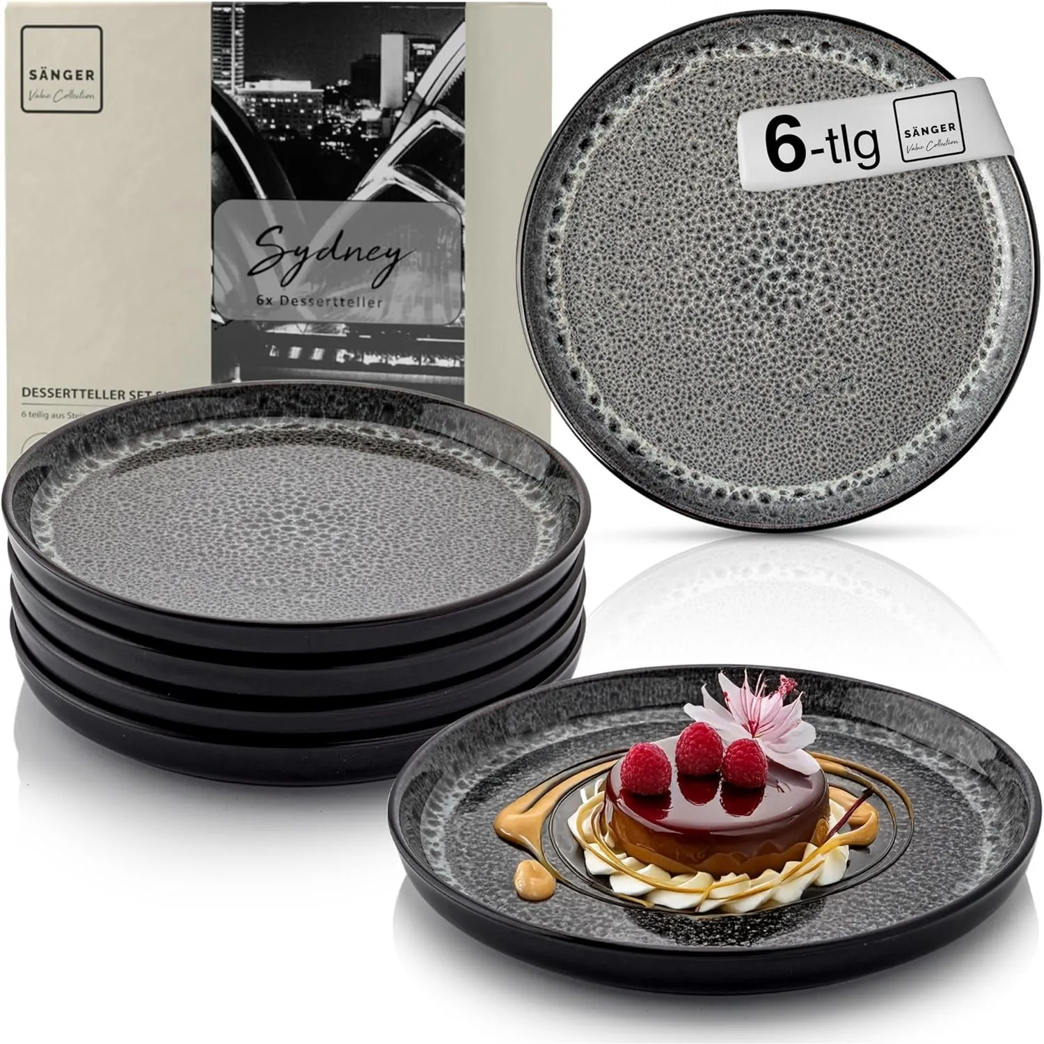 SÄNGER Sydney Dessertteller 6 teilig, Steingut Teller Set 6 Personen