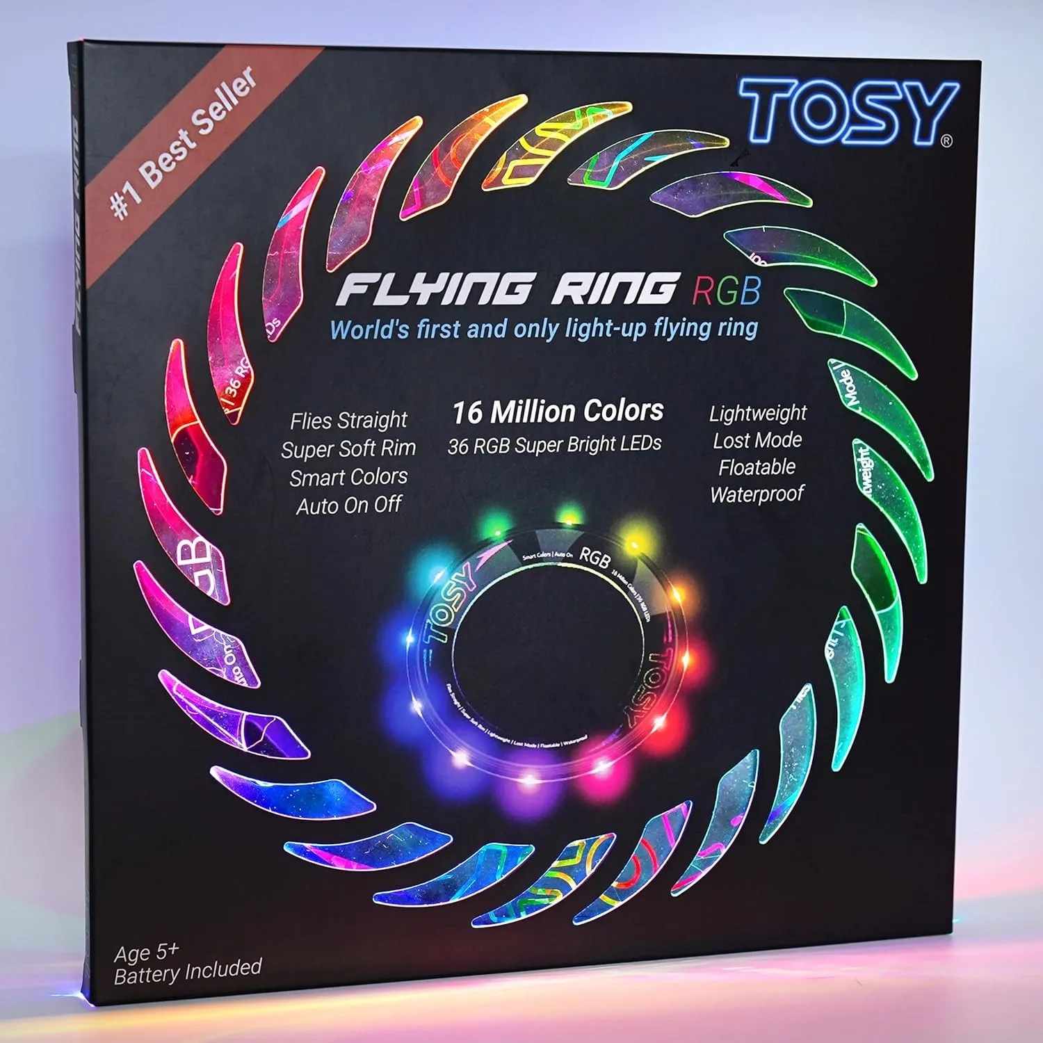 TOSY Flying Ring – 36 RGB-LEDs, superhell, Lost-Mode, Auto-Aufleuchten, sicher & weich, wasserdicht, leichtes Spielzeug…
