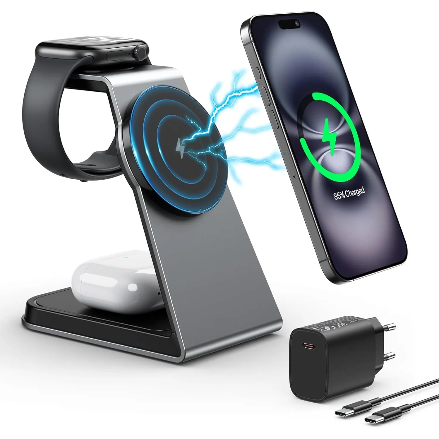 3 IN 1 Ladestation für Apple Watch und iPhone, Induktive Ladestation auch geeignet für Airpods Pro 3 2, Kabelloses Lade…