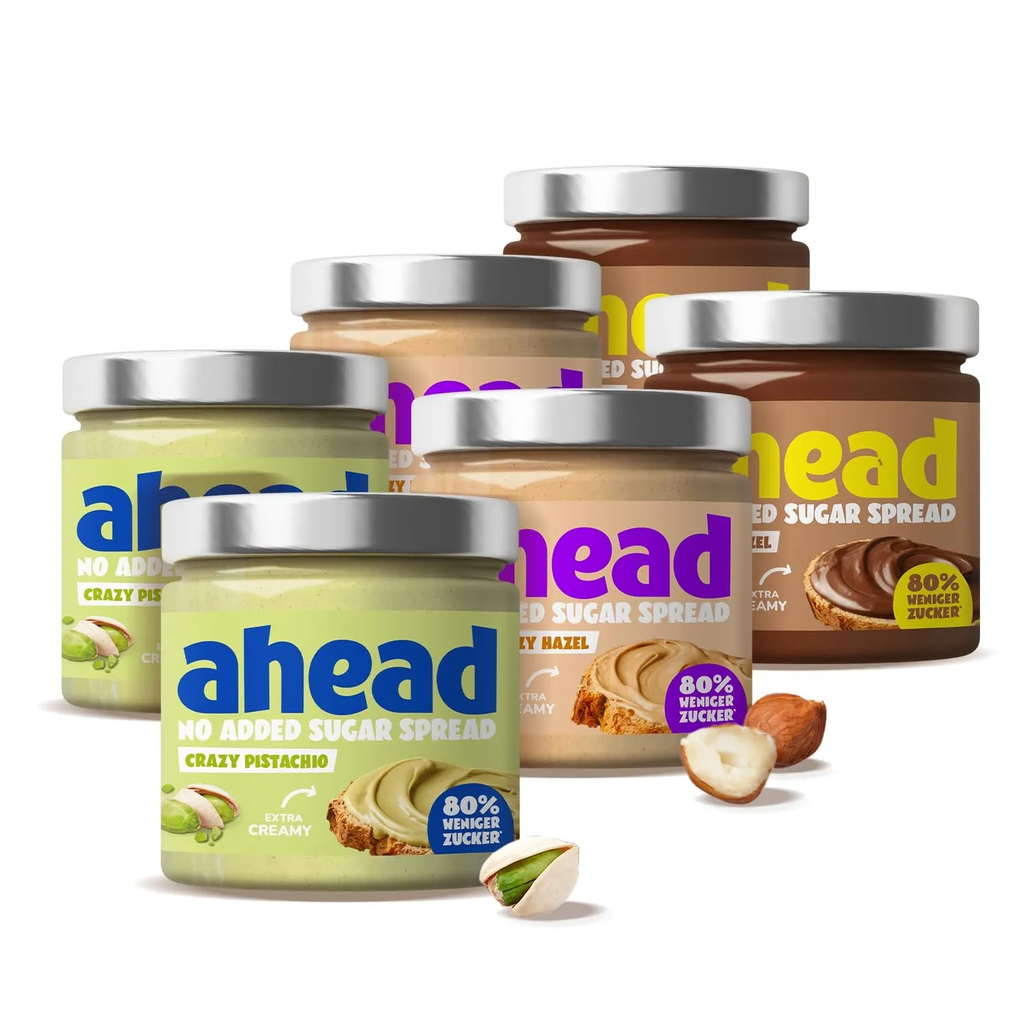 ahead Crazy Nuss Creme Mix | 6 x 200g Haselnusscreme & Pistaziencreme, ohne Zuckerzusatz | Aufstrich mit 80% weniger Zu…