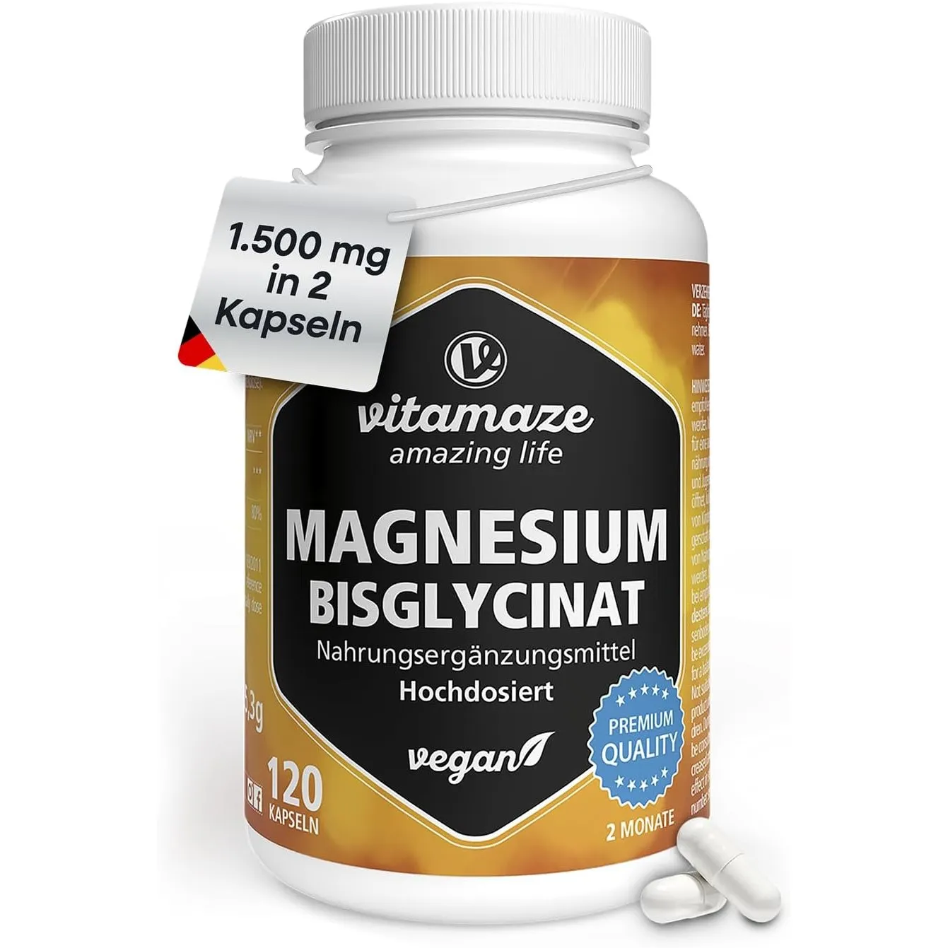 Magnesium Bisglycinat Kapseln hochdosiert, 1500 mg in nur 2 Kapseln davon Magnesium pro Tagesdosis, 120 vegane Kapseln …