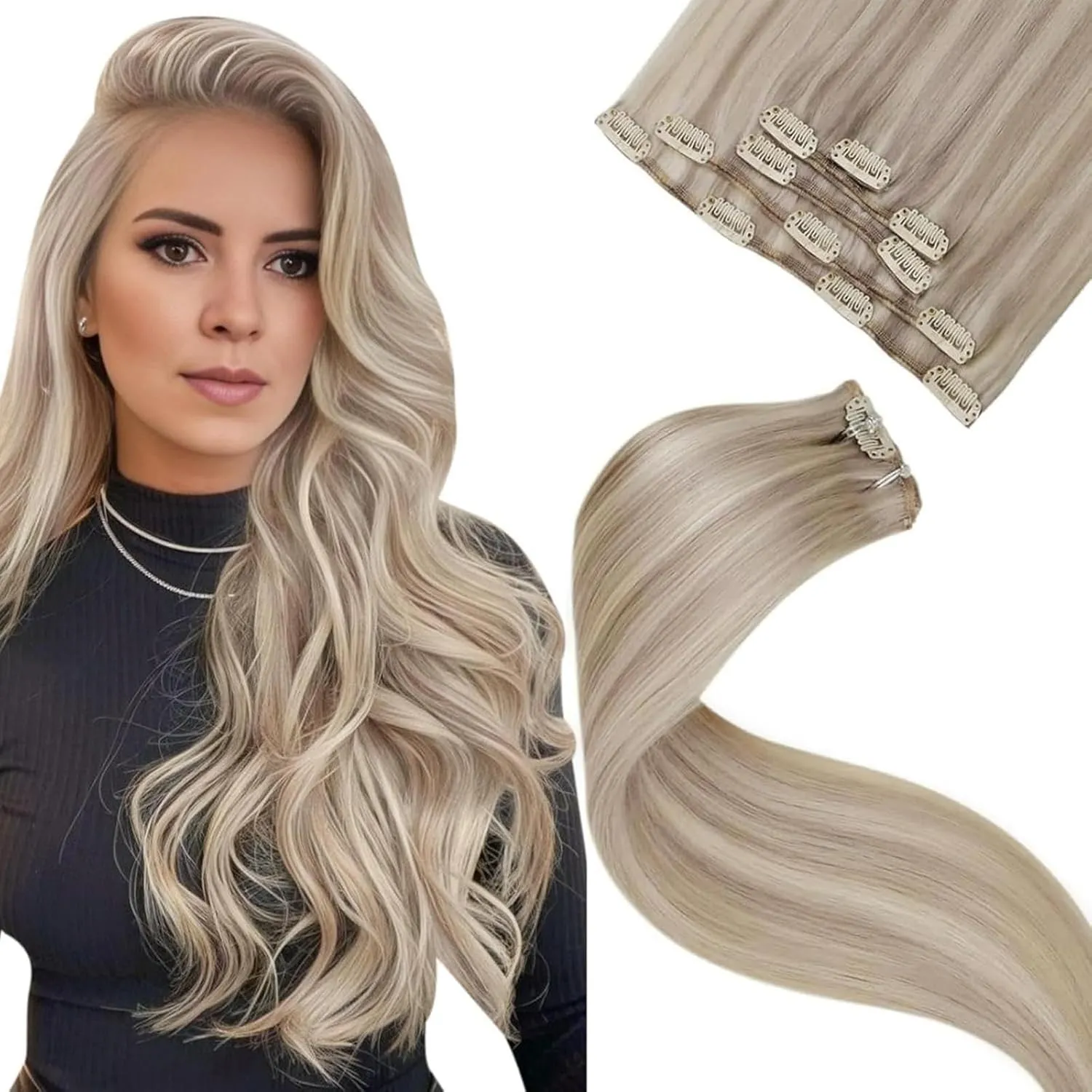 LaaVoo Clip in Extensions Blond Remy Clip in Extensions Echthaar Günstig Haarverlängerung Aschblond mit Blond Echthaar …