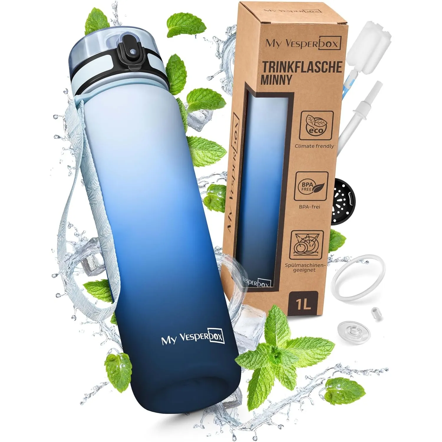 My Vesperbox Minny Trinkflasche 1 Liter, auslaufsicher, mit Strohhalm