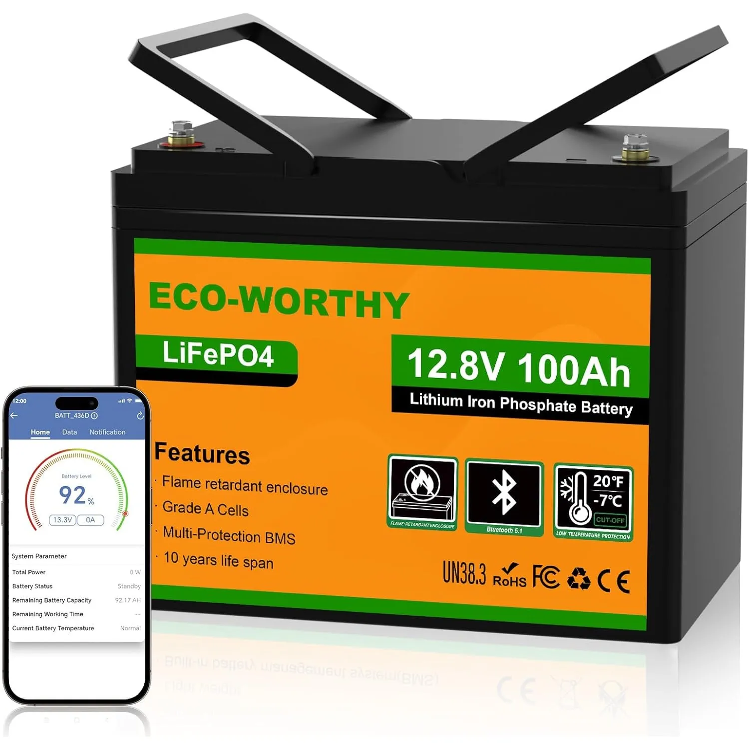 ECO-WORTHY LiFePO4 12V 100Ah Bluetooth mit 100A BMS Low Temperature Schutz und Max. 15000 Zyklens,1280Wh Lithium Batter…