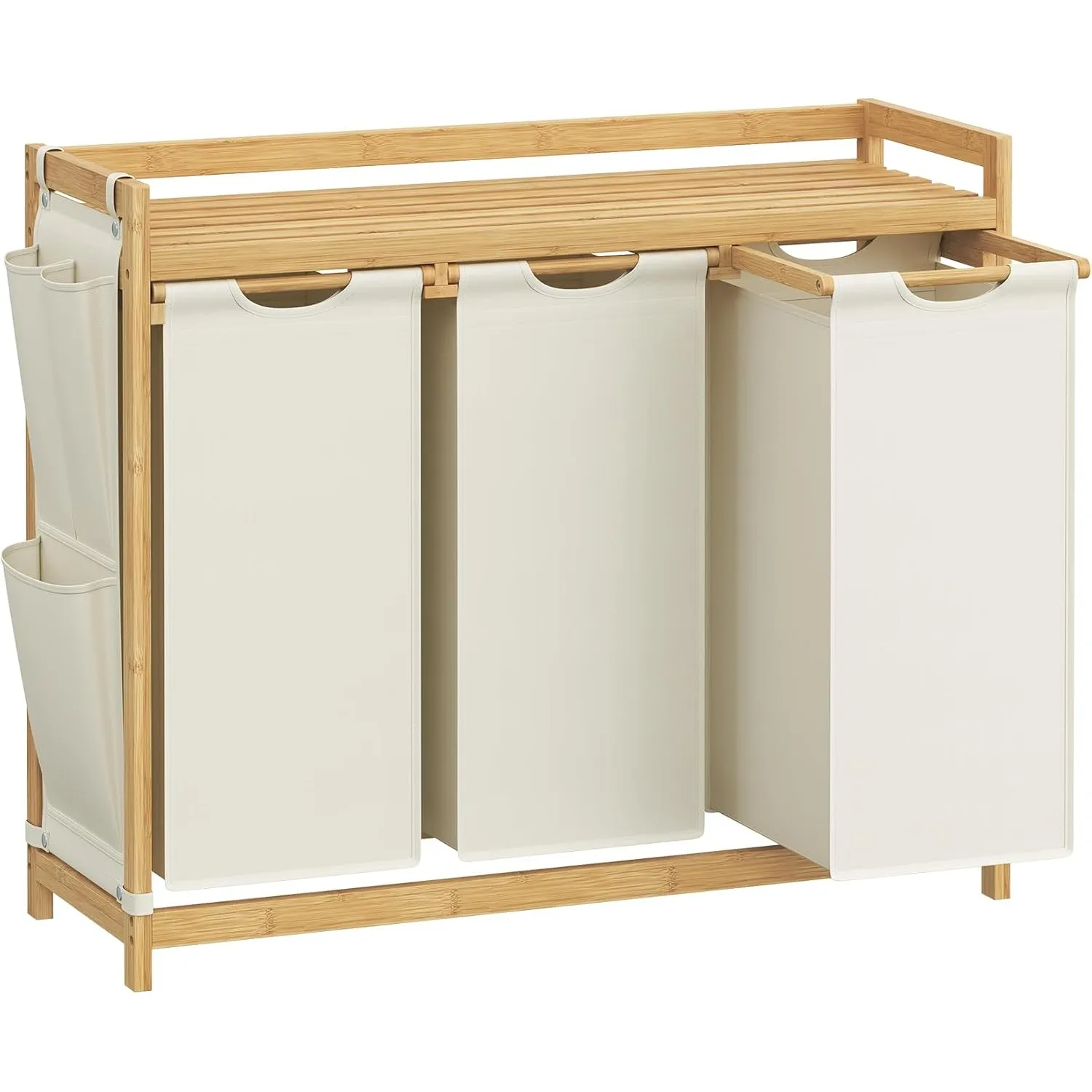 SONGMICS Wäschekorb 3 Fächer, Bambus, Wäschesammler 150 L, Wäschesortierer, mit Ablage, Wäschesack, kleine seitliche Ta…