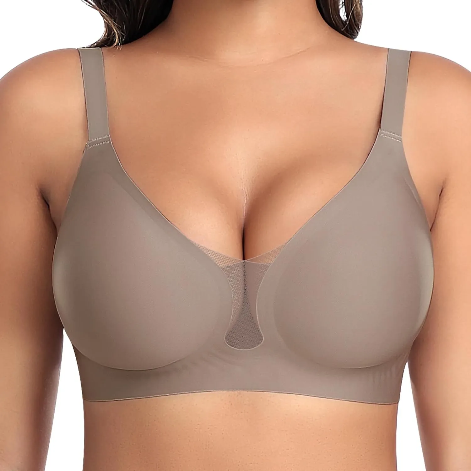 BH Damen Ohne Bügel Nahtloser Glatter Weicher BH Modische Spitze Mesh Tiefes V-Ausschnitt Bequemer BHS Gepolsterter BHS…