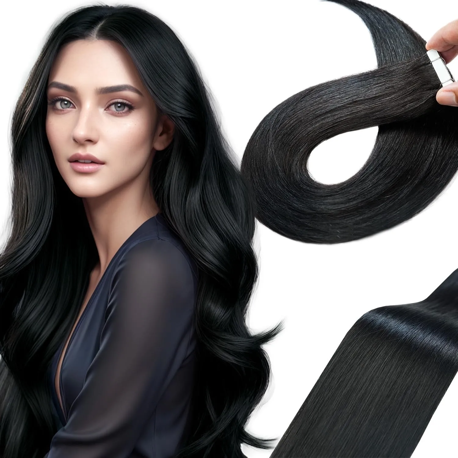 Tape Extensions Echthaar Tiefschwarz 55cm, 20Stück, 50g/Packung, Salon-Klasse Qualität, Einfaches und Angenehmes Tragen…