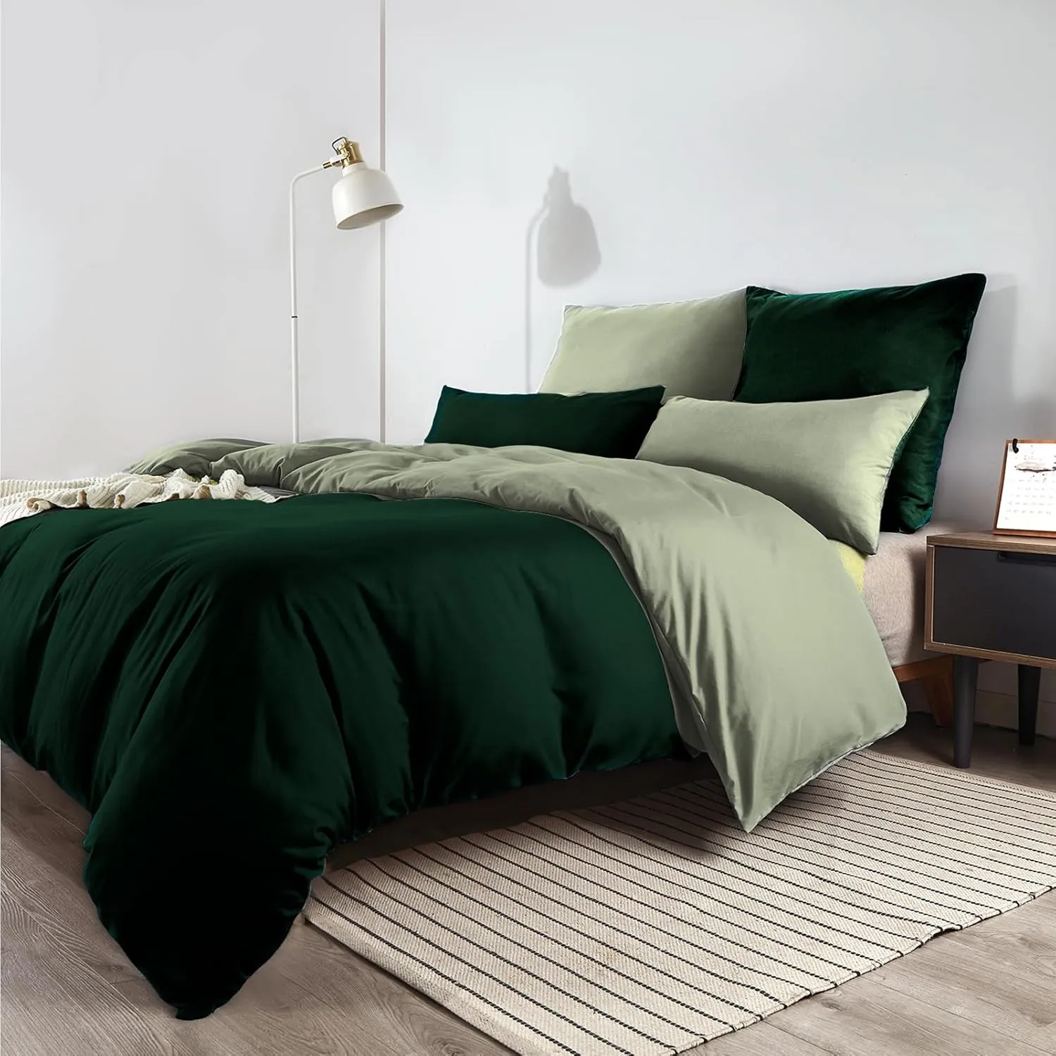 Soifox Reversible Bed Linen 200 x 200 cm Green - Microfibre Non-Iron and Wrinkle-Free Duvet Cover 200 x 200 cm with 80 …