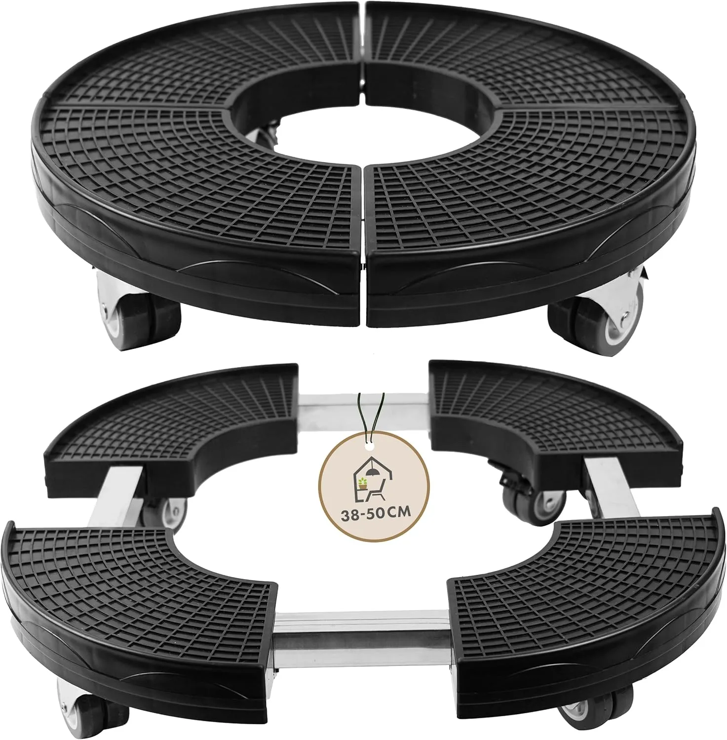 Pflanzenroller VERSO Ø 38-50cm – Rollbrett wetterfest rund mit Gummi Rollen & Bremse 360 ° drehbar - 150 kg Traglast - …