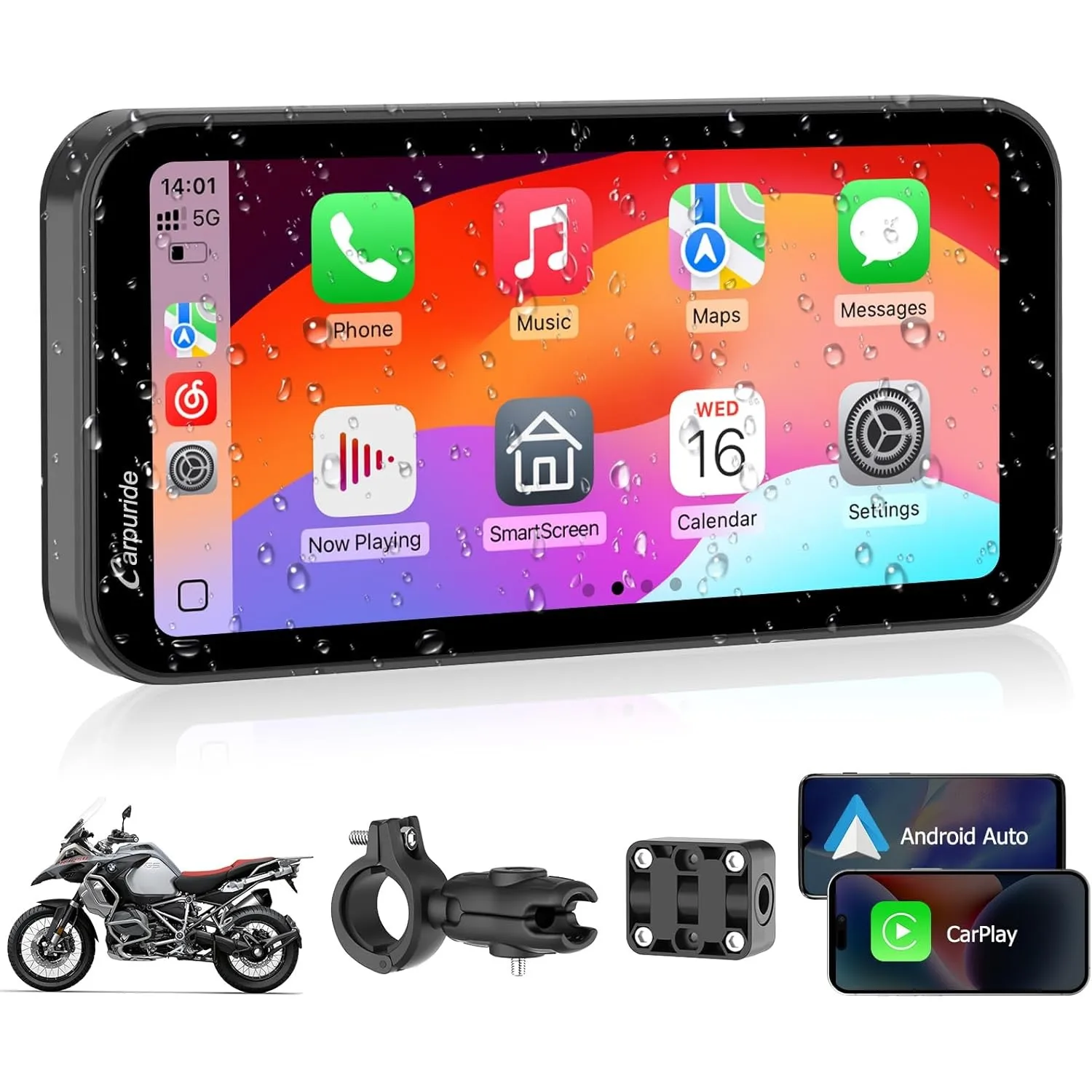 CARPURIDE W603 CarPlay Motorrad Display 6,3" Android Auto GPS wasserdicht | Kabelloses CarPlay, Touchscreen, Bluetooth …