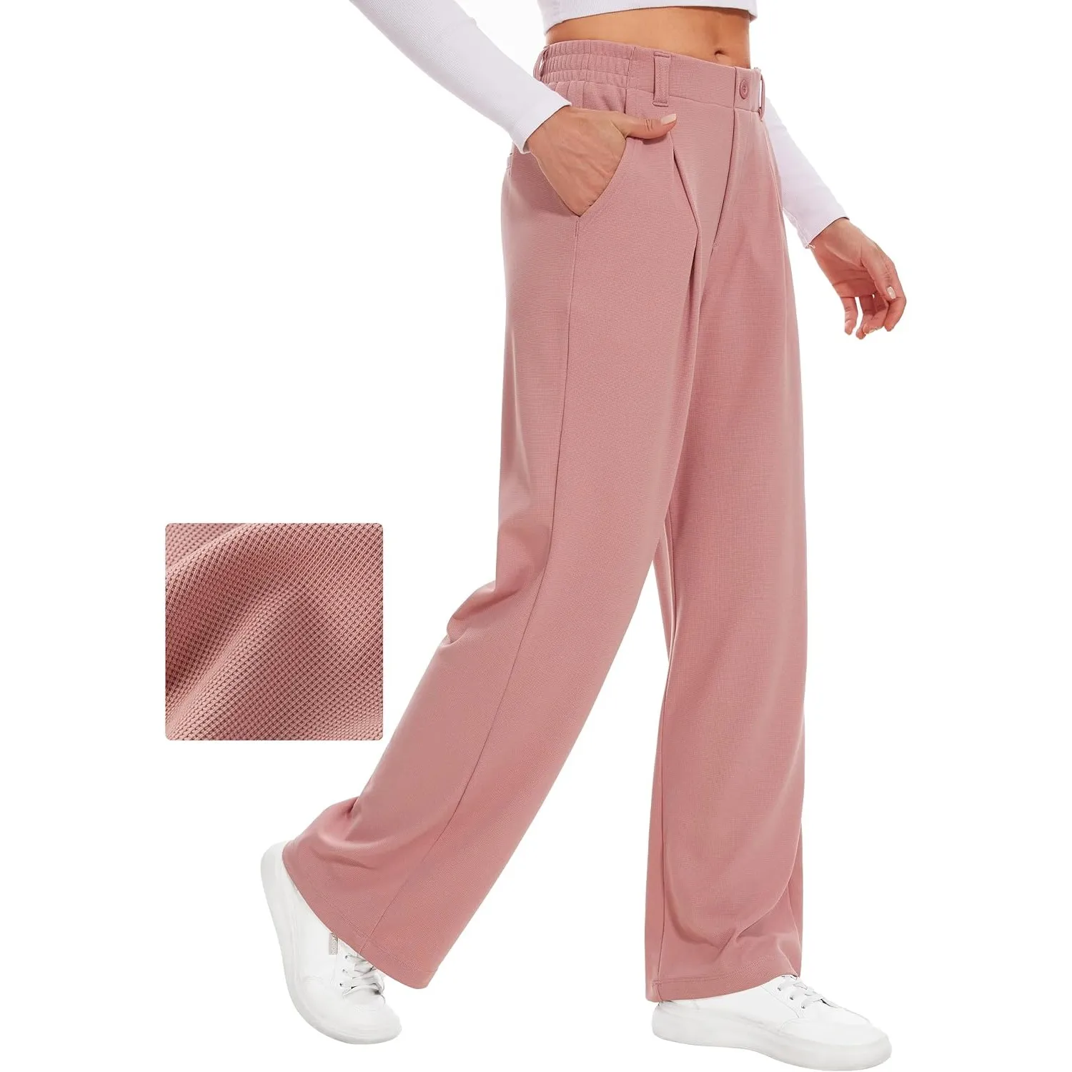 Desol Hosen Damen Waffel Lang Palazzo Hose Elegant Stoffhose Anzughose Damen Weite Sommerhose mit Taschen High Waist Ho…