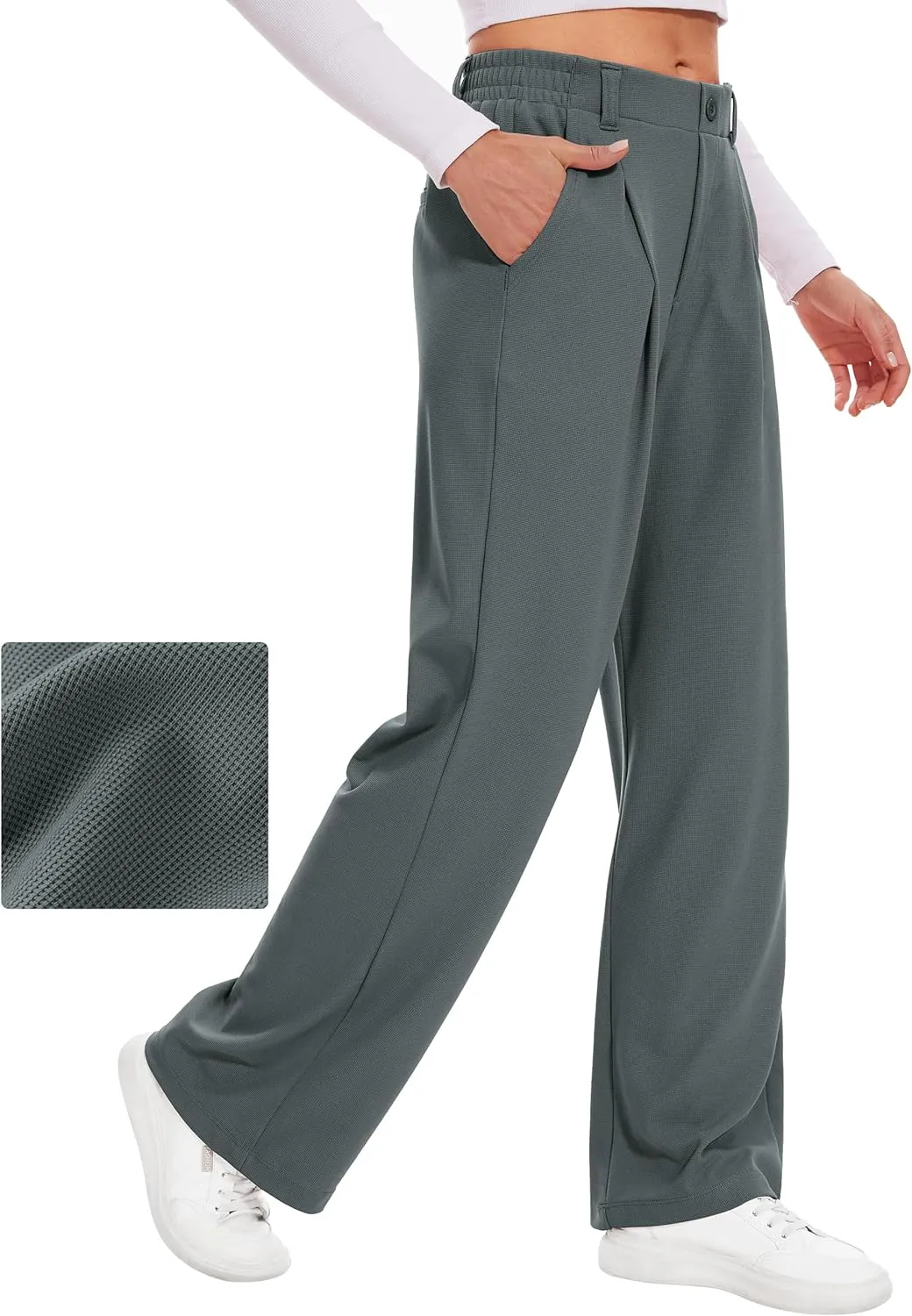 Desol Hosen Damen Waffel Lang Palazzo Hose Elegant Stoffhose Anzughose Damen Weite Sommerhose mit Taschen High Waist Ho…
