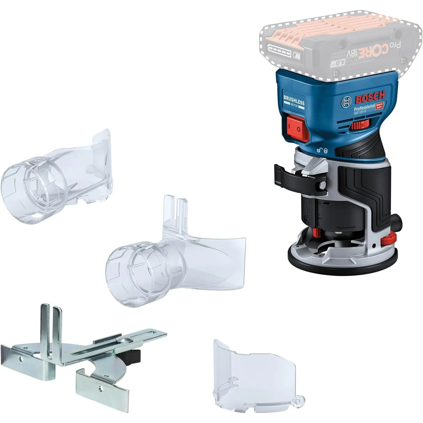Bosch Professional 18V System Akku-Kantenfräse GKF 18V-8 (inkl. Parallelanschlag, 2x Saugadapter zum Fräsen, Spanschutz…