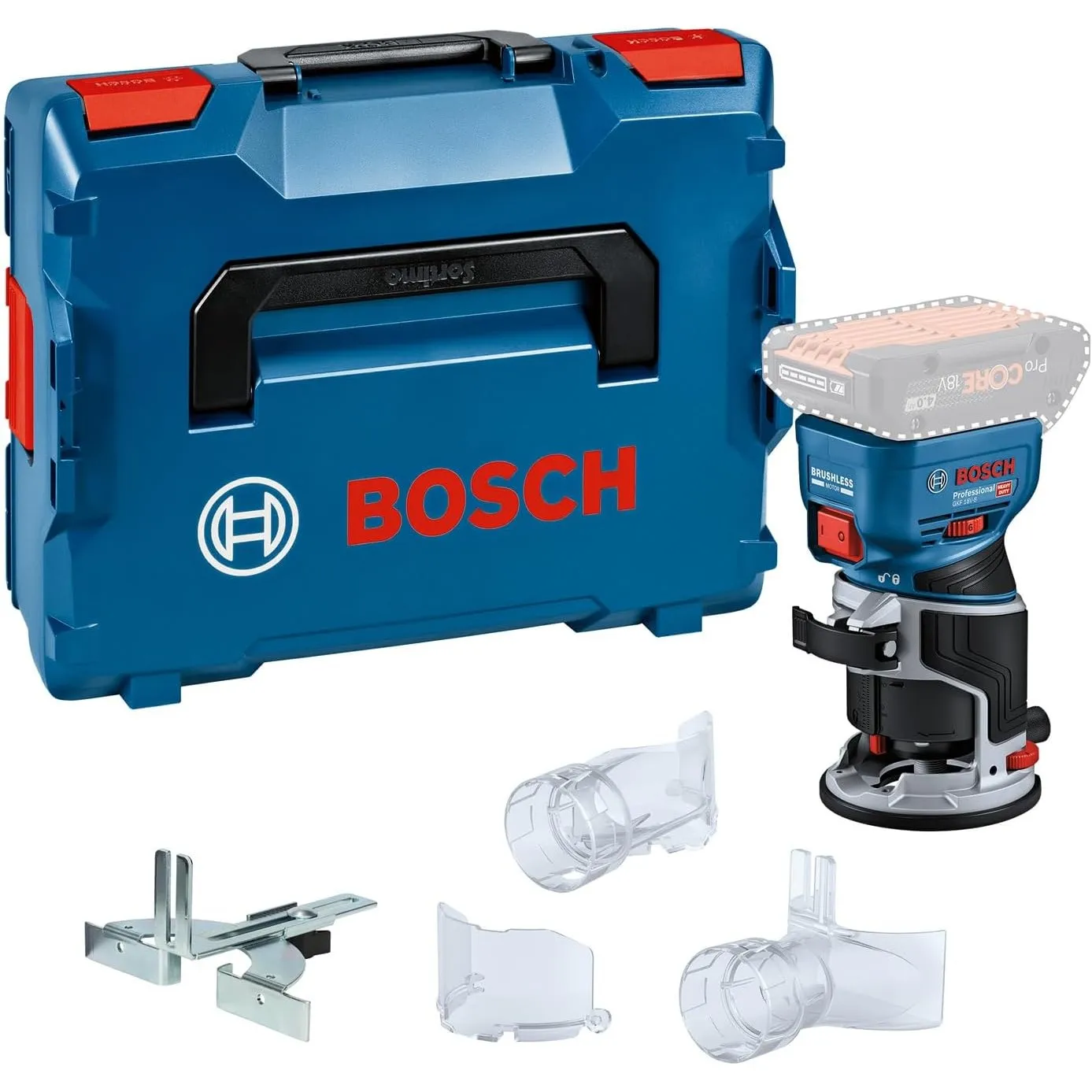 Bosch PRO 18V System Akku-Kantenfräse GKF 18V-8 (inkl. Parallelanschlag, 2x Saugadapter zum Fräsen, Spanschutz, 8-mm-Sp…