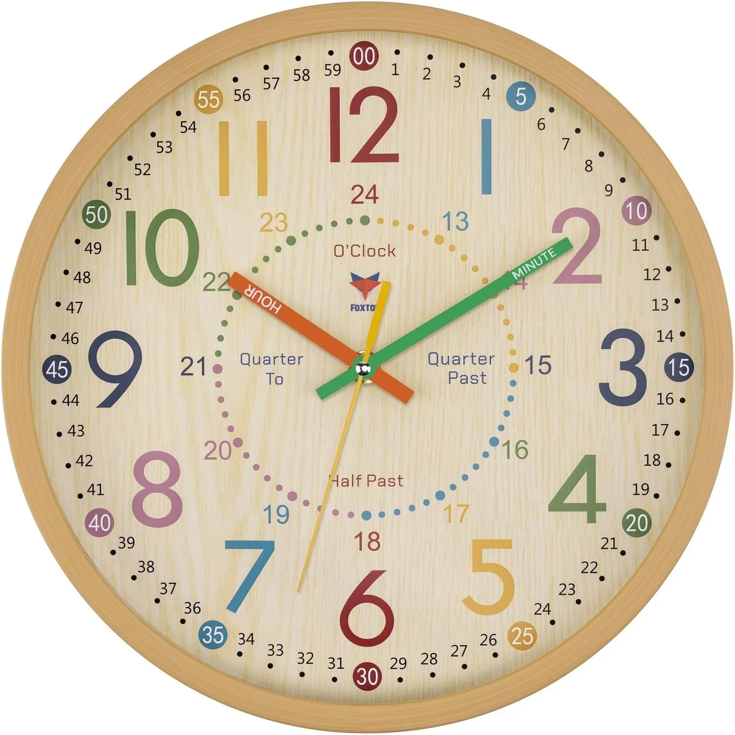 Foxtop Lernuhr Kinder - Lernuhr ohne Tickgeräusche - Analoge Kinderuhr zum Lernen und Üben der Uhrzeit - 24H - Dekorati…