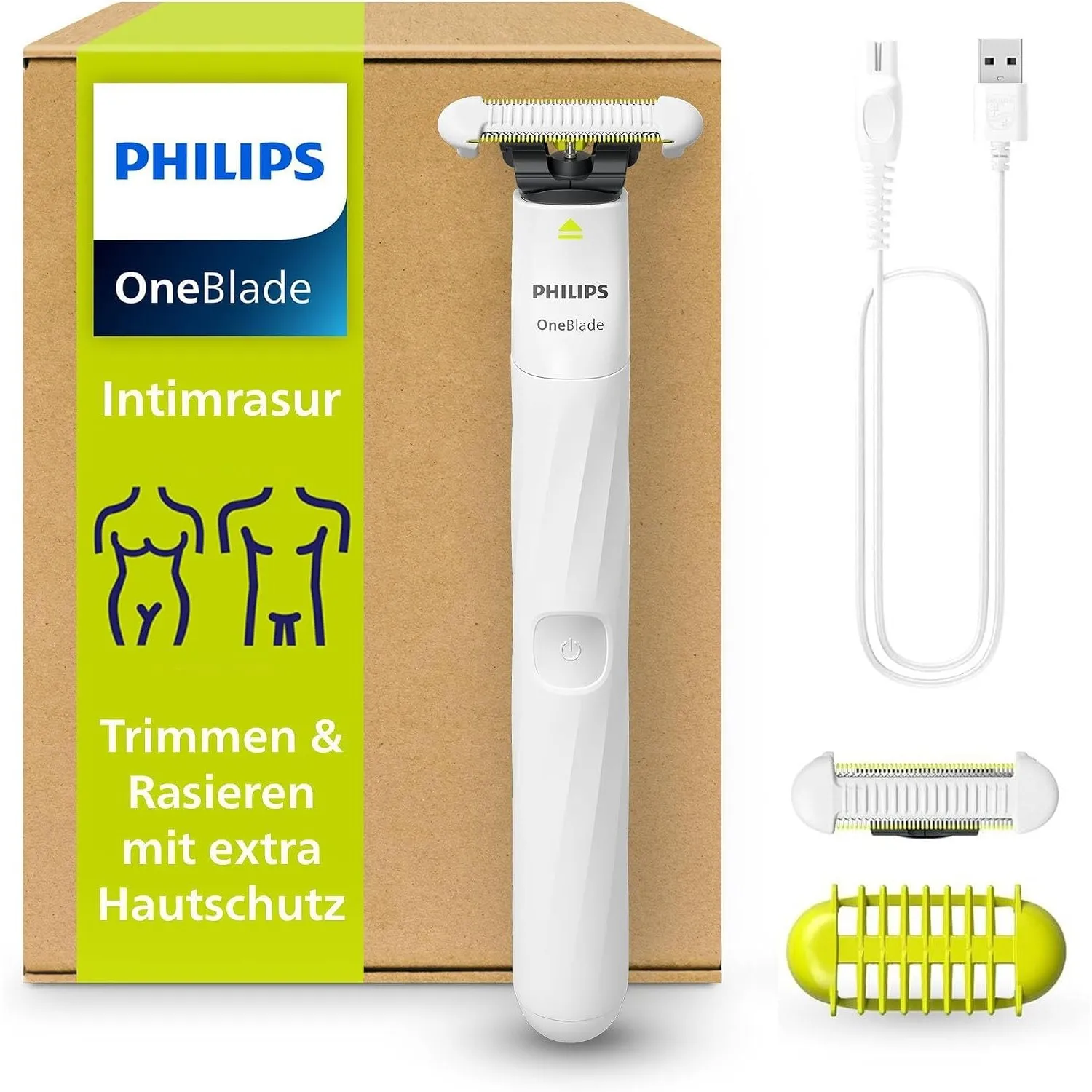 Philips OneBlade Intimate, Intimrasur, Trimmen & Rasieren mit extra Hautschutz, Für eine gründliche und angenehme Rasur…