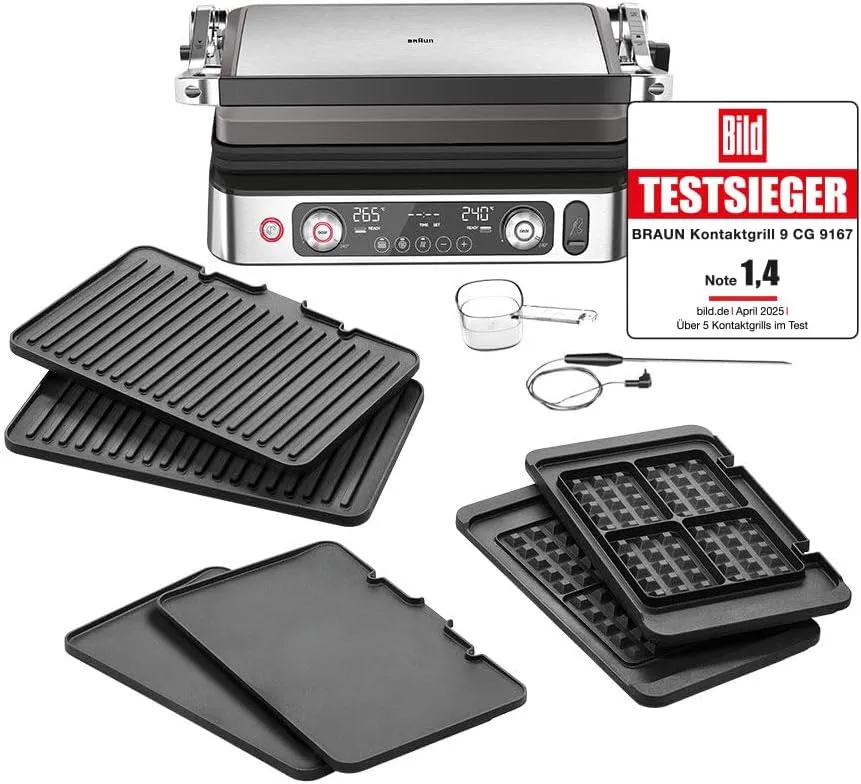 Braun MultiGrill 9 CG 9167, Kontaktgrill mit Grill-, Flach- und Waffelplatten und Temperaturfühler, Grillpositionen: Ko…