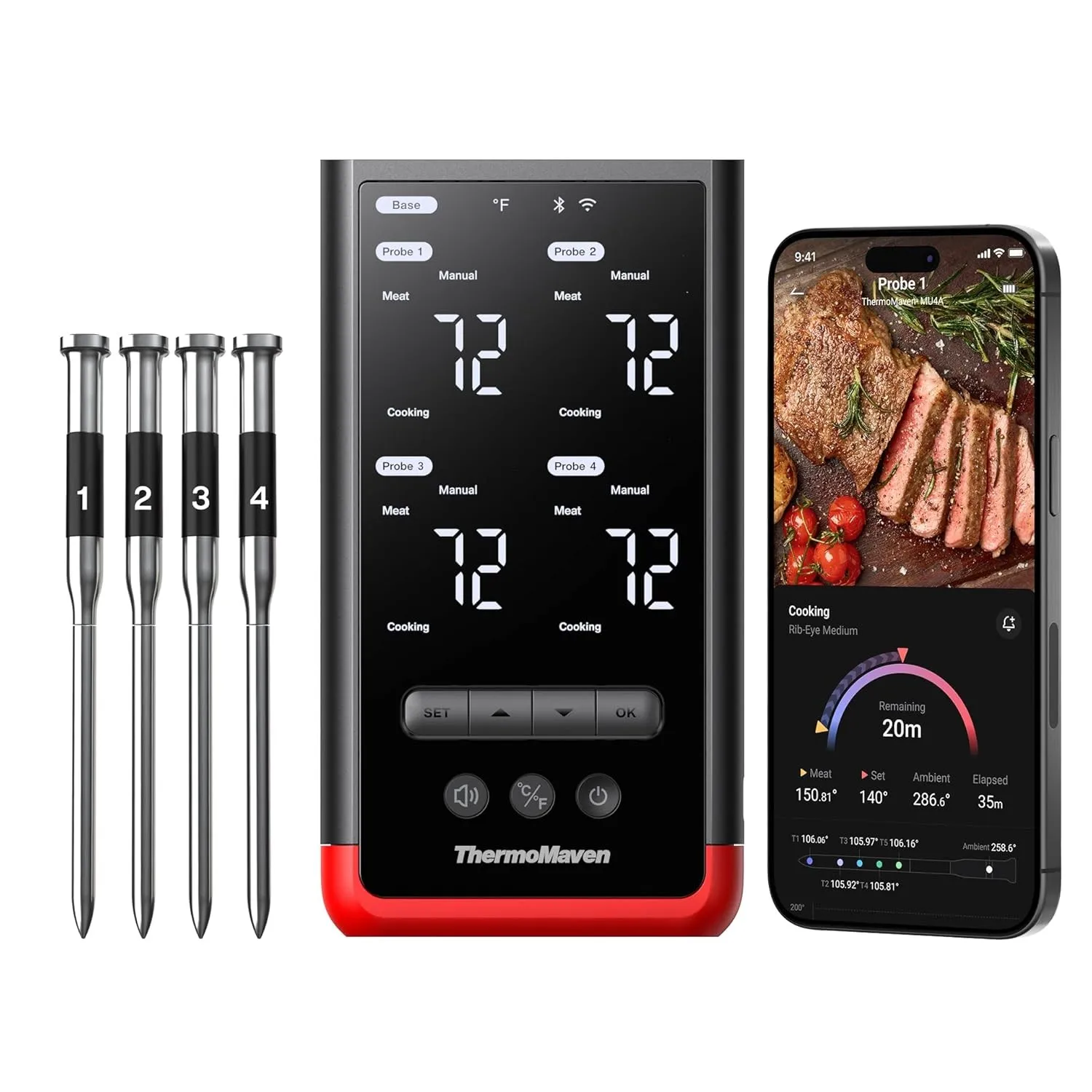 ThermoMaven P4 Fleischthermometer Kabellos mit APP, 4 Sonden, 6 Sensoren