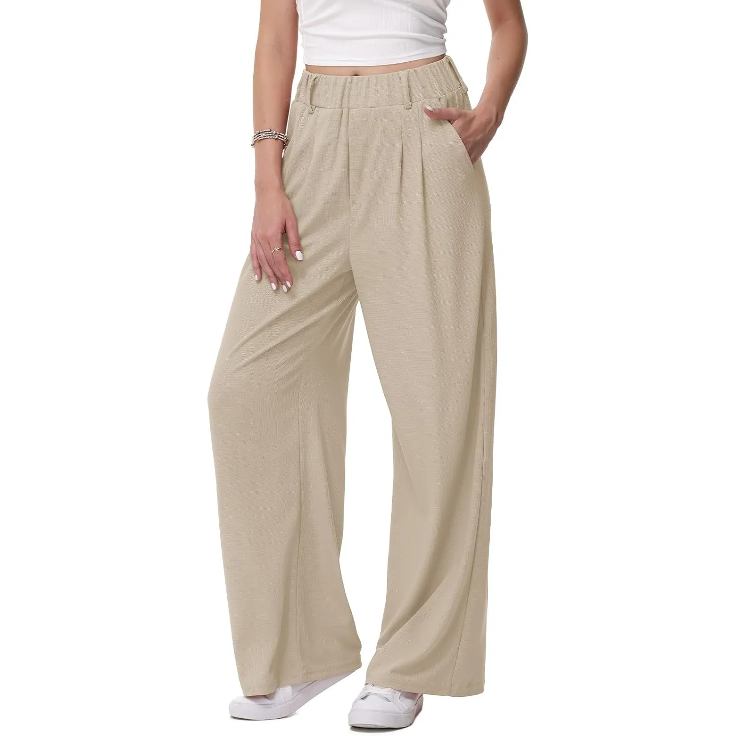 HMIYA Weite Hosen Damen Bügelfreie Stoffhose Mit Taschen