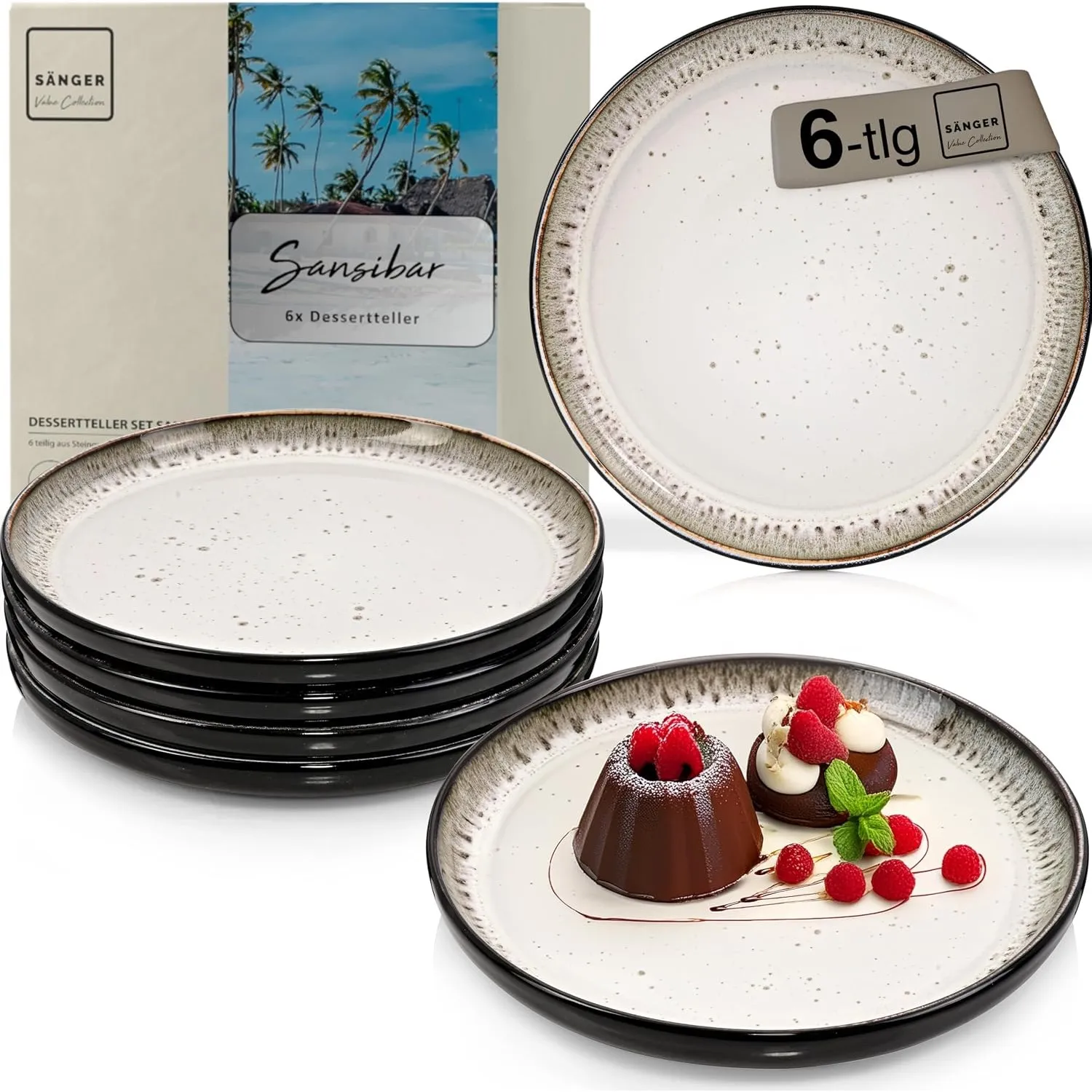 SÄNGER Sansibar Dessertteller 6 teilig, Steingut Teller Set 6 Personen