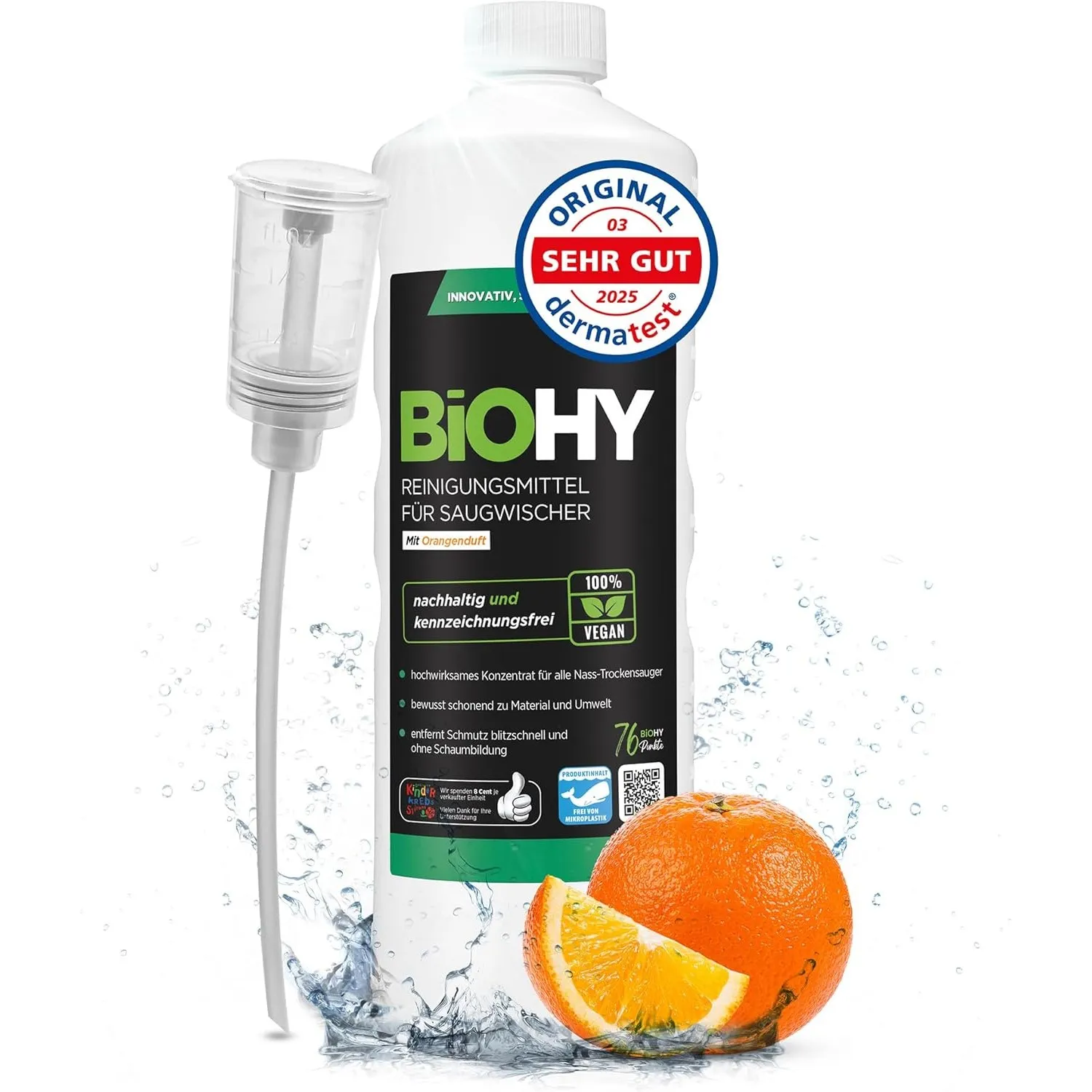 BiOHY Reinigungsmittel für Saugwischer mit Orangenduft (1l Flasche) + Dosierer | 1:200 Konzentrat für alle Nass-Trocken…