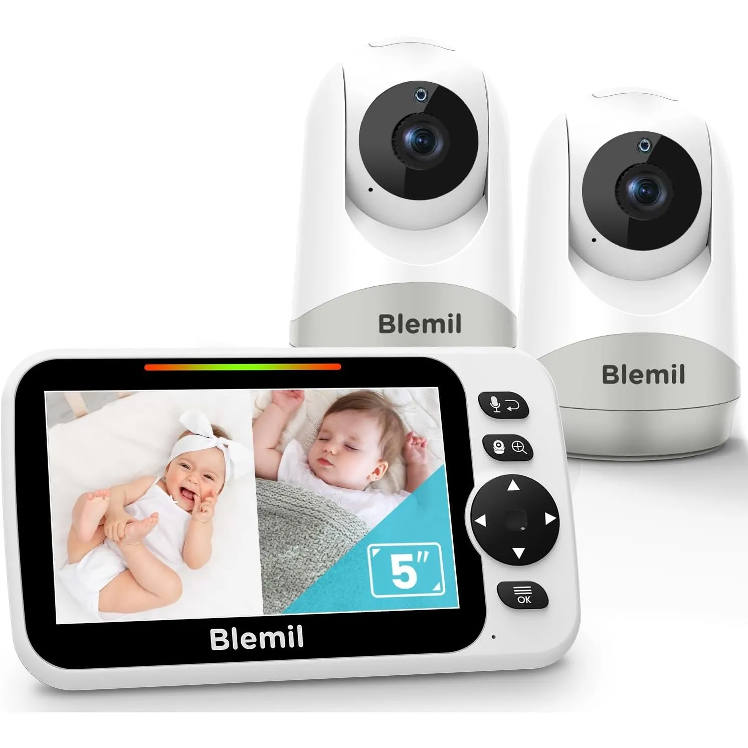 Blemil Babyphone mit 2 Kameras und Audio 30 Stunden wiederaufladbare Batterie, 5" großer geteilter Bildschirm, ferngest…