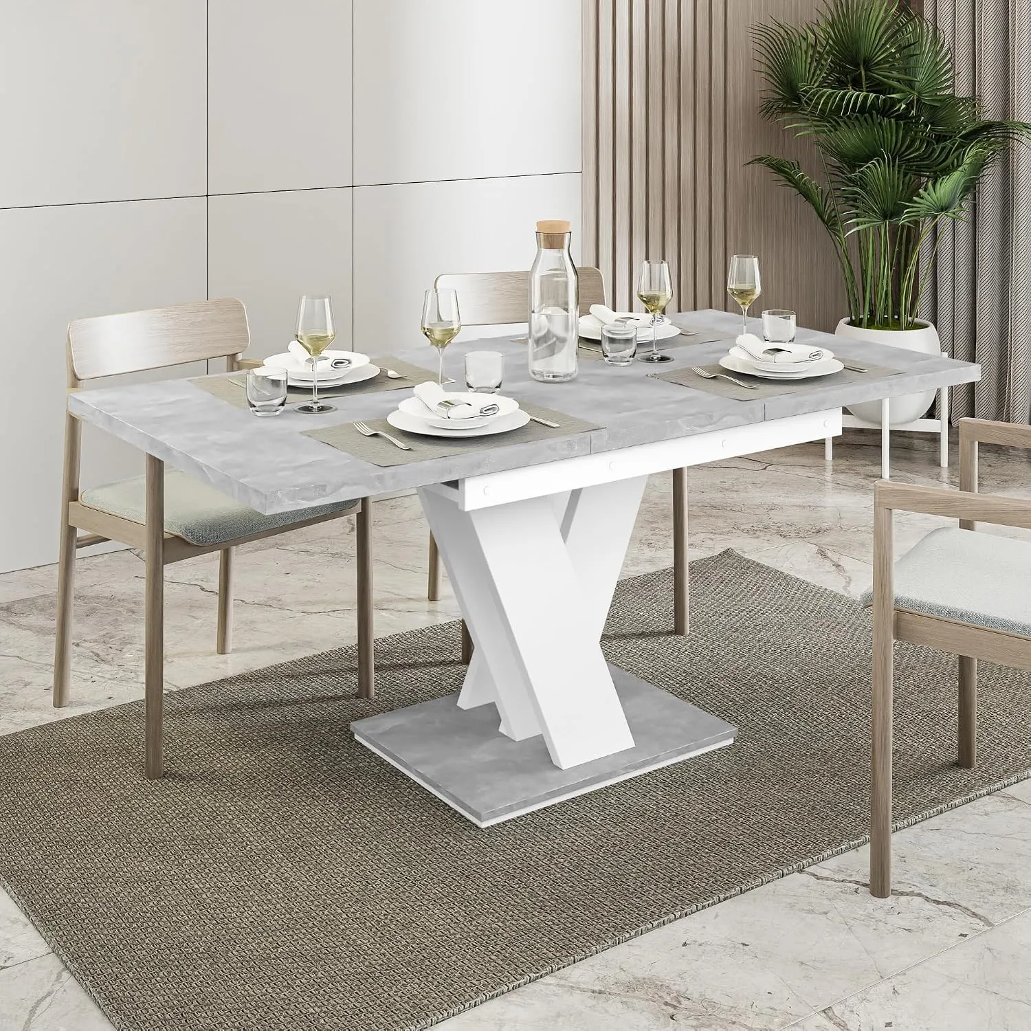 MALVI Esstisch ausziehbar 120-160x80 cm Betonoptik Weiß Matt, Küchentisch