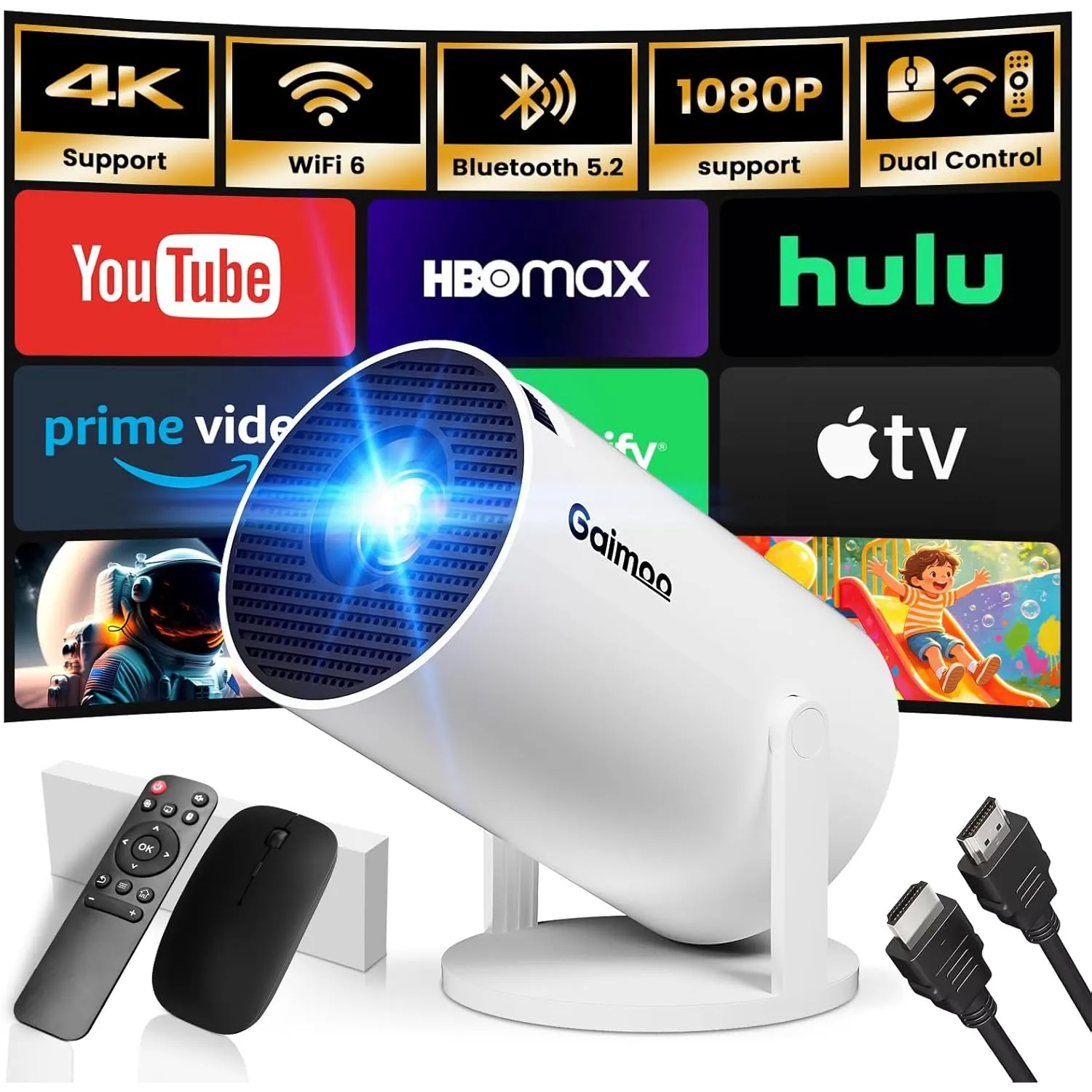 Mini Beamer 4K Full HD 1080P mit Apps Projektor, Smart Beamer mit WiFi 6 und Bluetooth 5.2 Auto Keystone 180° Drehbar K…