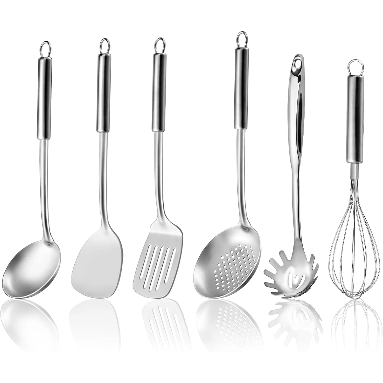 Edelstahl Kochutensilien Set 6-teiliges, kochlöffel mit aufhängbarer Griff, Spatel, Pfannenwender, Suppenkelle, Schauml…