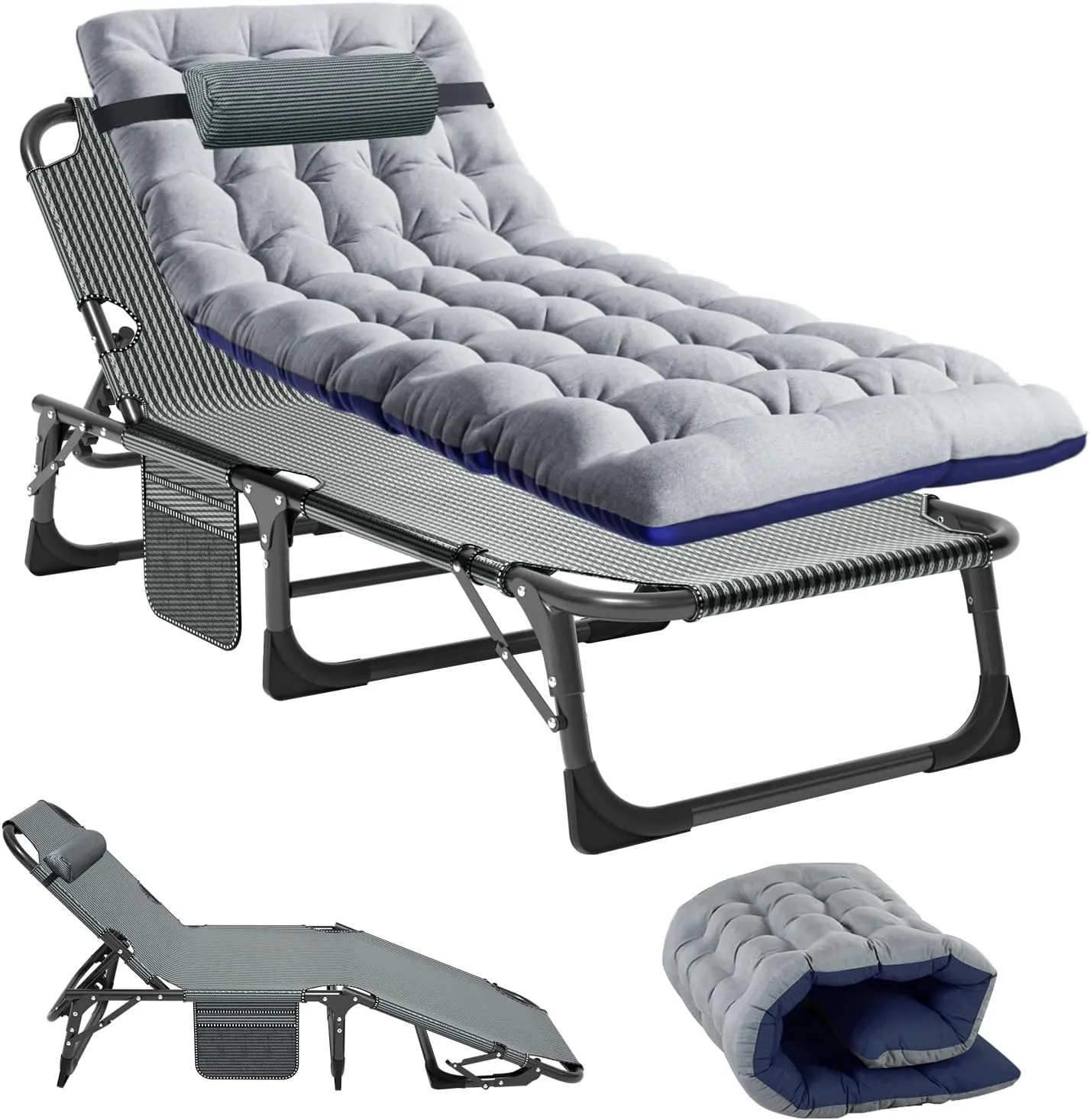 Folding Sun Lounger with Mattress, 200 kg Load Capacity, Garden Lounger, Deck Chair with Side Pocket and Headrest, Adju…