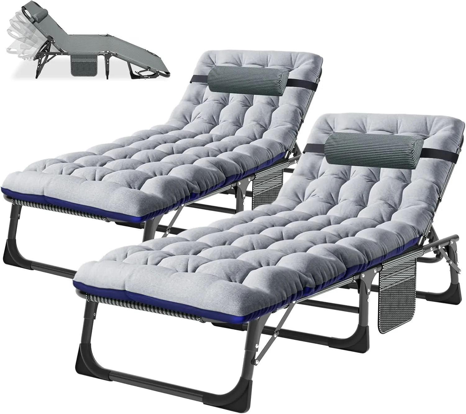 Set of 2 Folding Sun Loungers with Mattress, 200 kg Load Capacity Garden Lounger Deck Chair with Side Pocket and Headre…