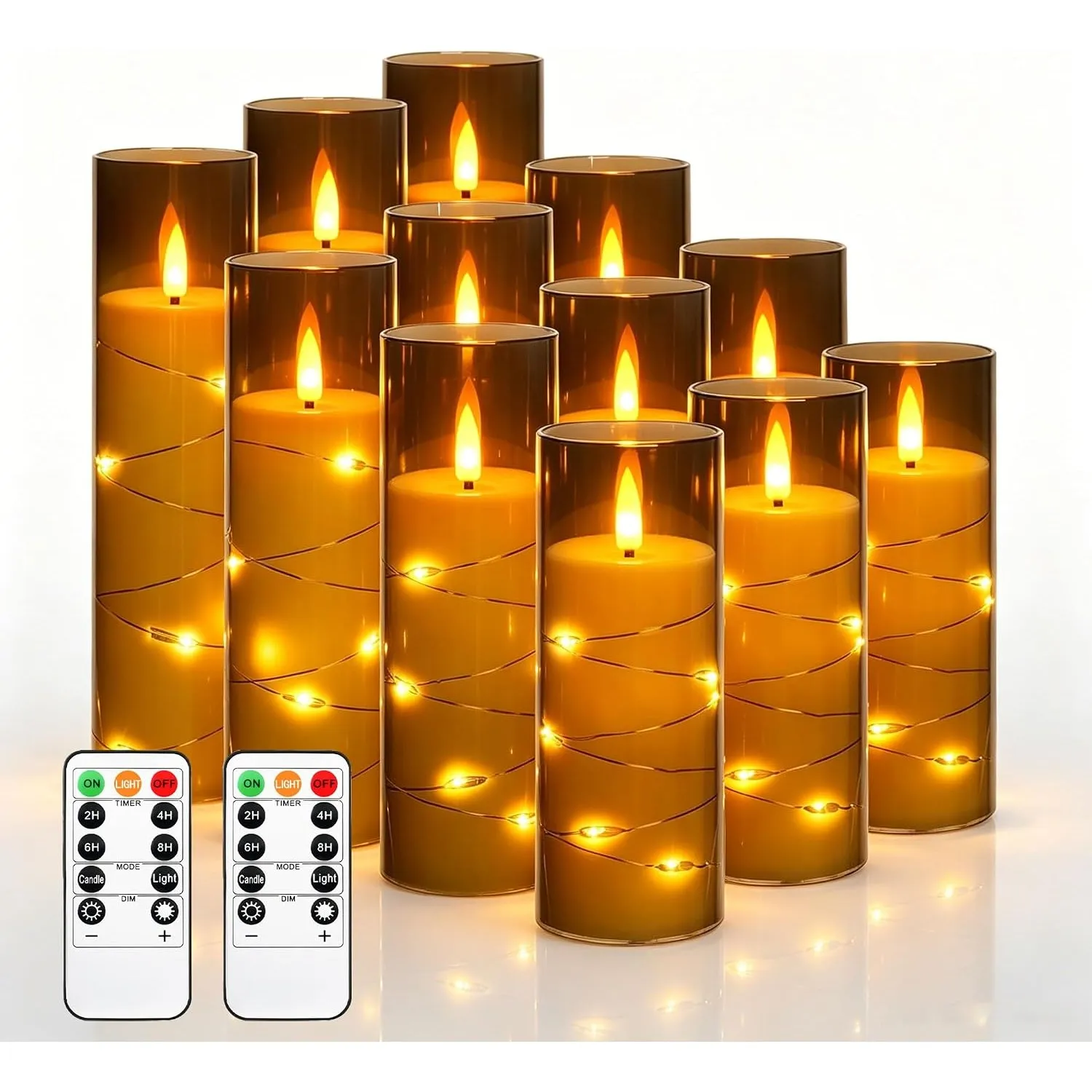 Da by 12 Stück Graue LED Kerzen mit Feenlichtkette & Glasabdeckung, Schwarzer Flackerflammenkopf, Batteriebetrieben mit…