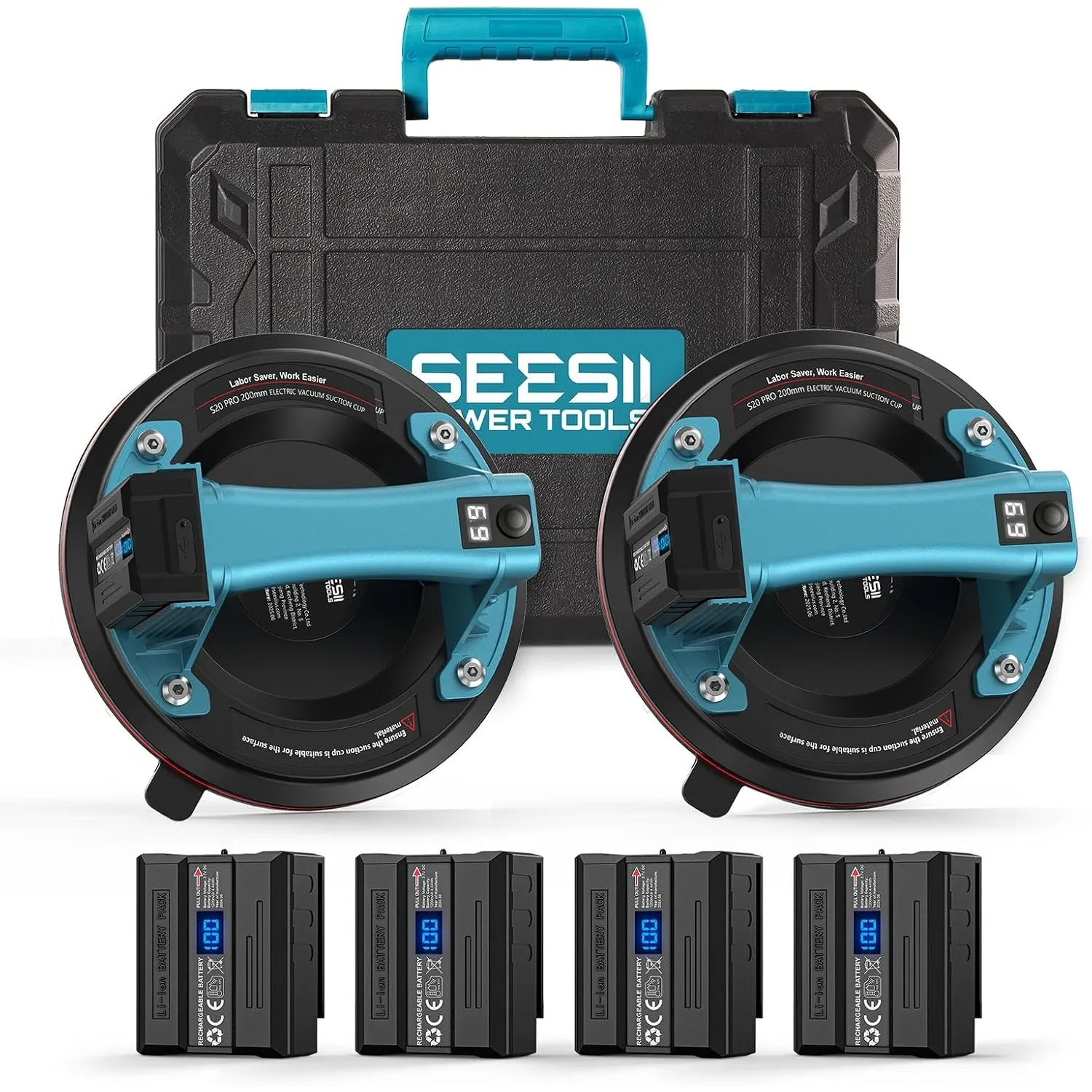 Seesii Akku Saugheber für Fliesen 2er-Set, 200mm Fliesenheber Saugheber Elektrischer mit 4x 2400mAh Akkus, LCD-Anzeige,…
