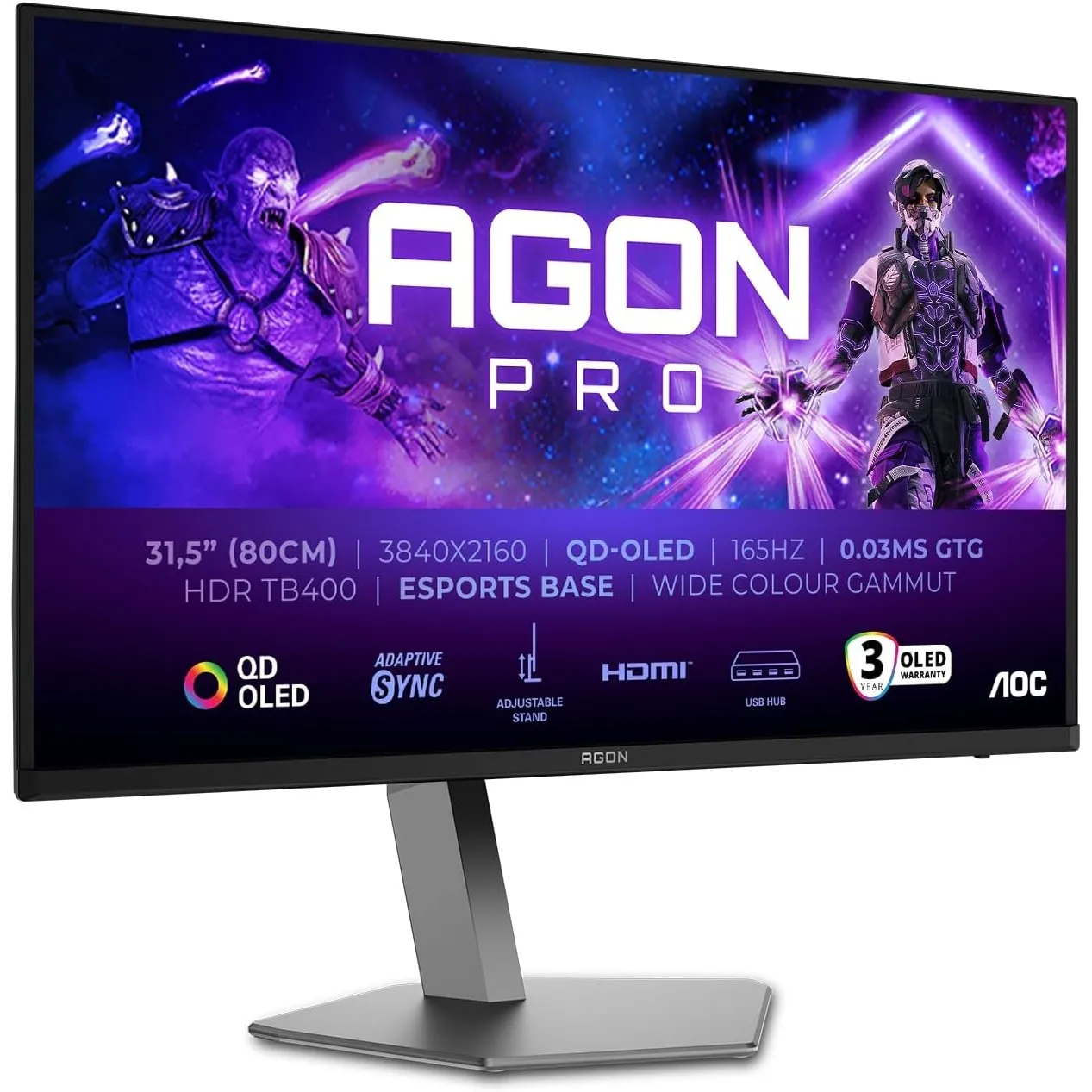 AOC AG326UDAM 32 zoll UHD USB Hub Gaming Monitor, 165Hz, QD-OLED Panel, 0.03ms GtG, HDR400 TB, FreeSync Prem. Pro, G-Sy…