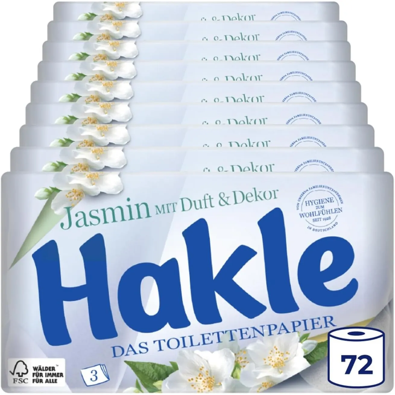 Hakle Jasminduft & Dekor, 72 Rollen Toilettenpapier, 3-lagig | 150 Blatt pro Rolle, Klopapier, WC Papier mit 60% recyce…
